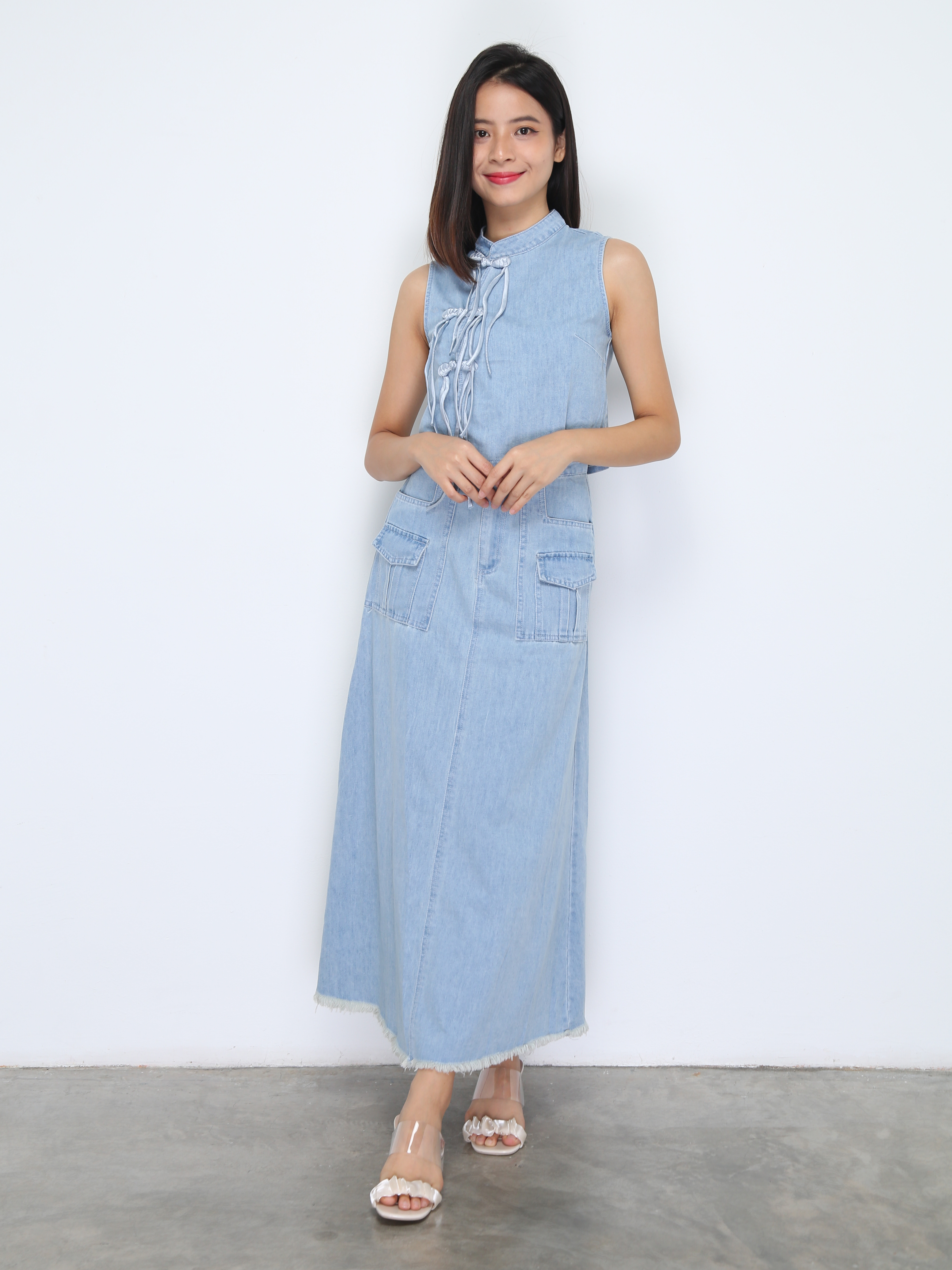 Denim Sleeveless Top With Long Skirt Set 37275