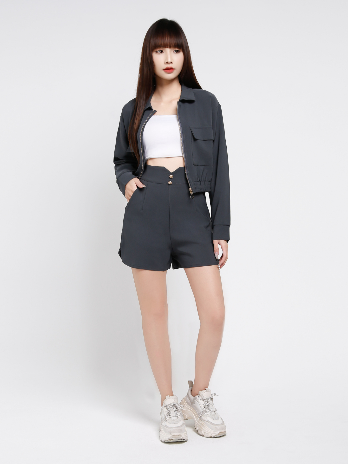 Front Zip Top With Short Pants Set 37299
