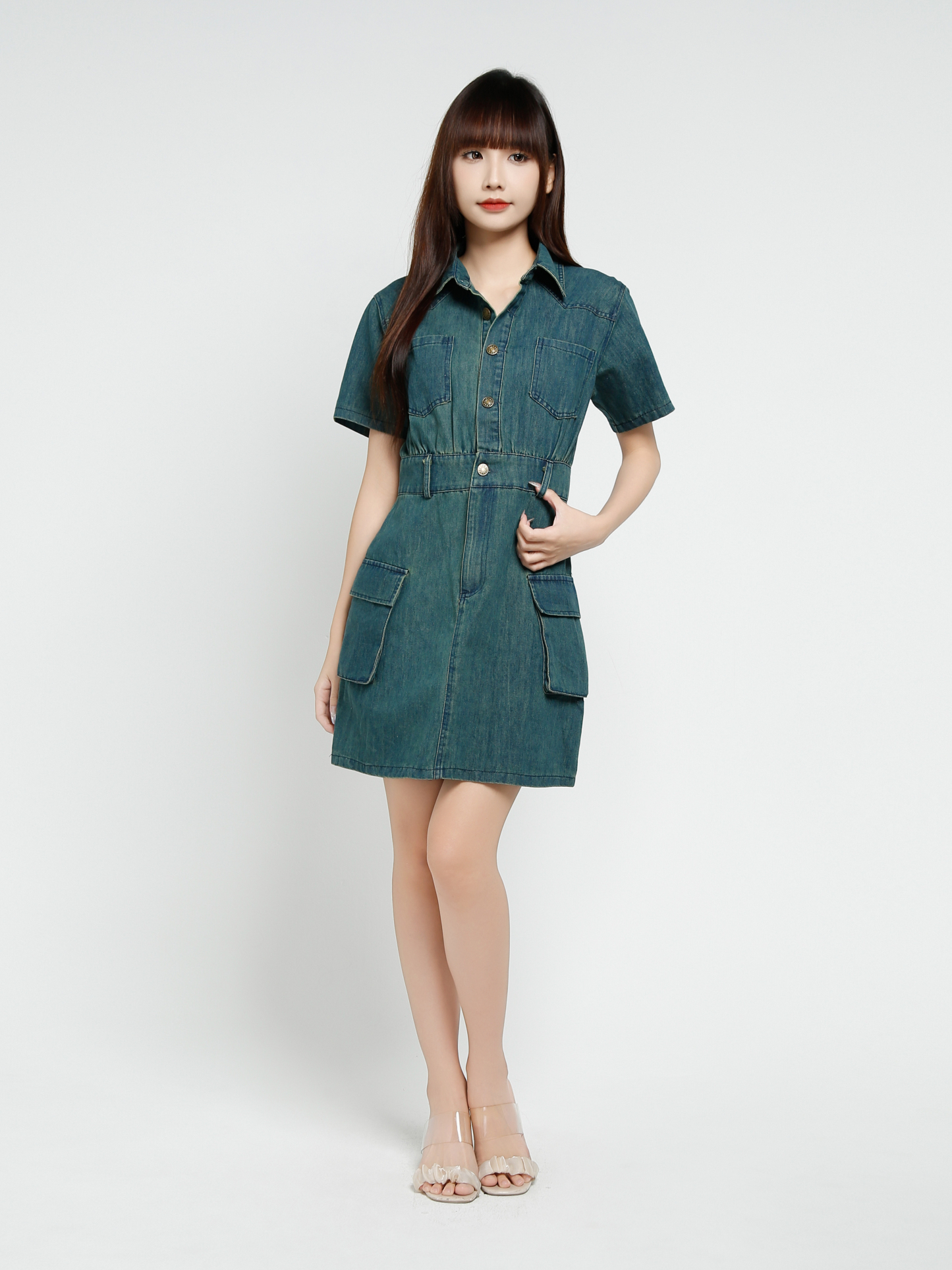 Denim Short Sleeve Front Button Dress 37329
