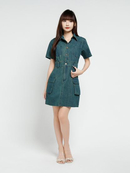 Denim Short Sleeve Front Button Dress 37329