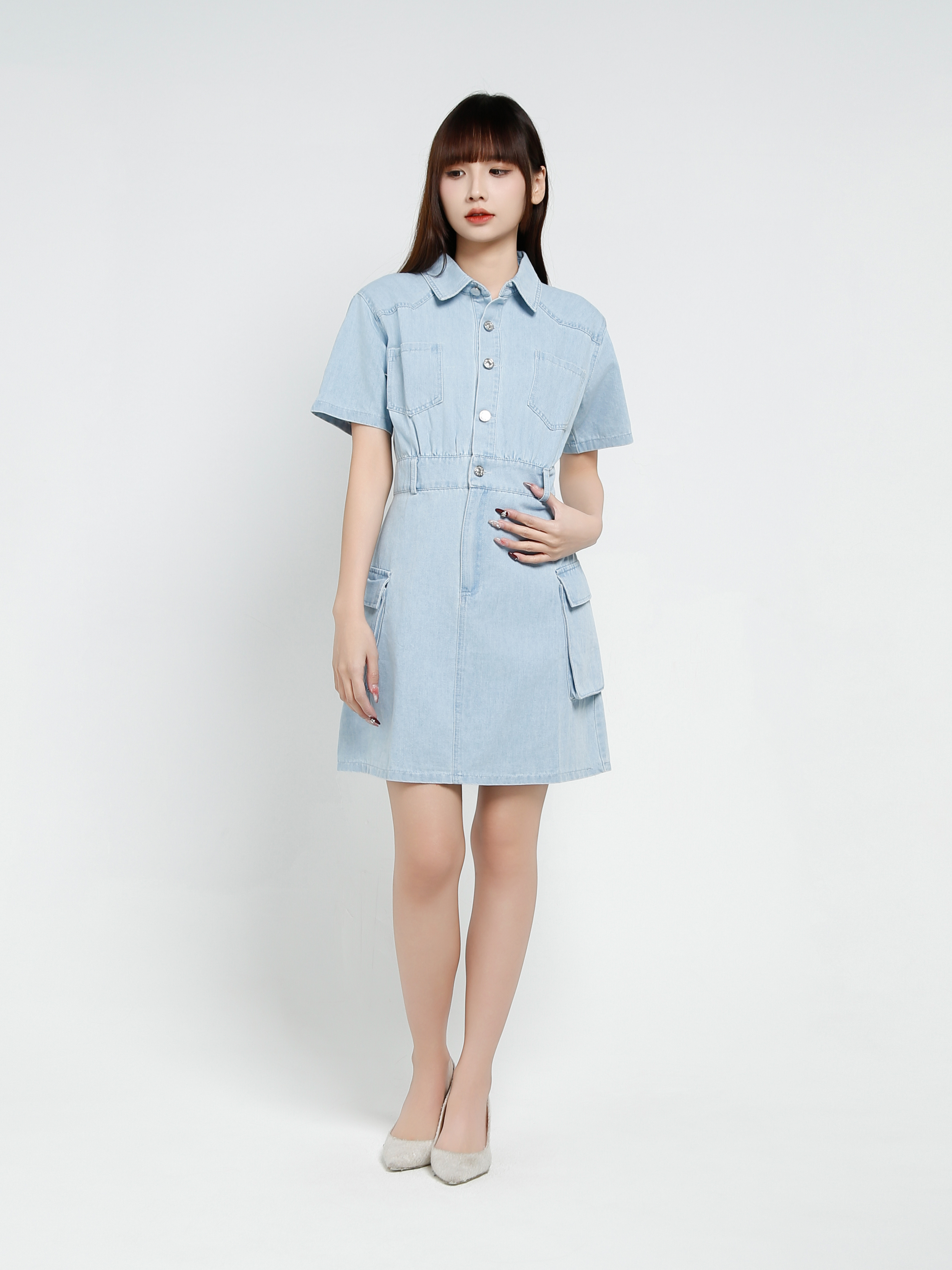 Denim Short Sleeve Front Button Dress 37329