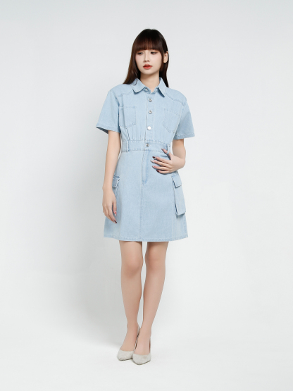 Denim Short Sleeve Front Button Dress 37329
