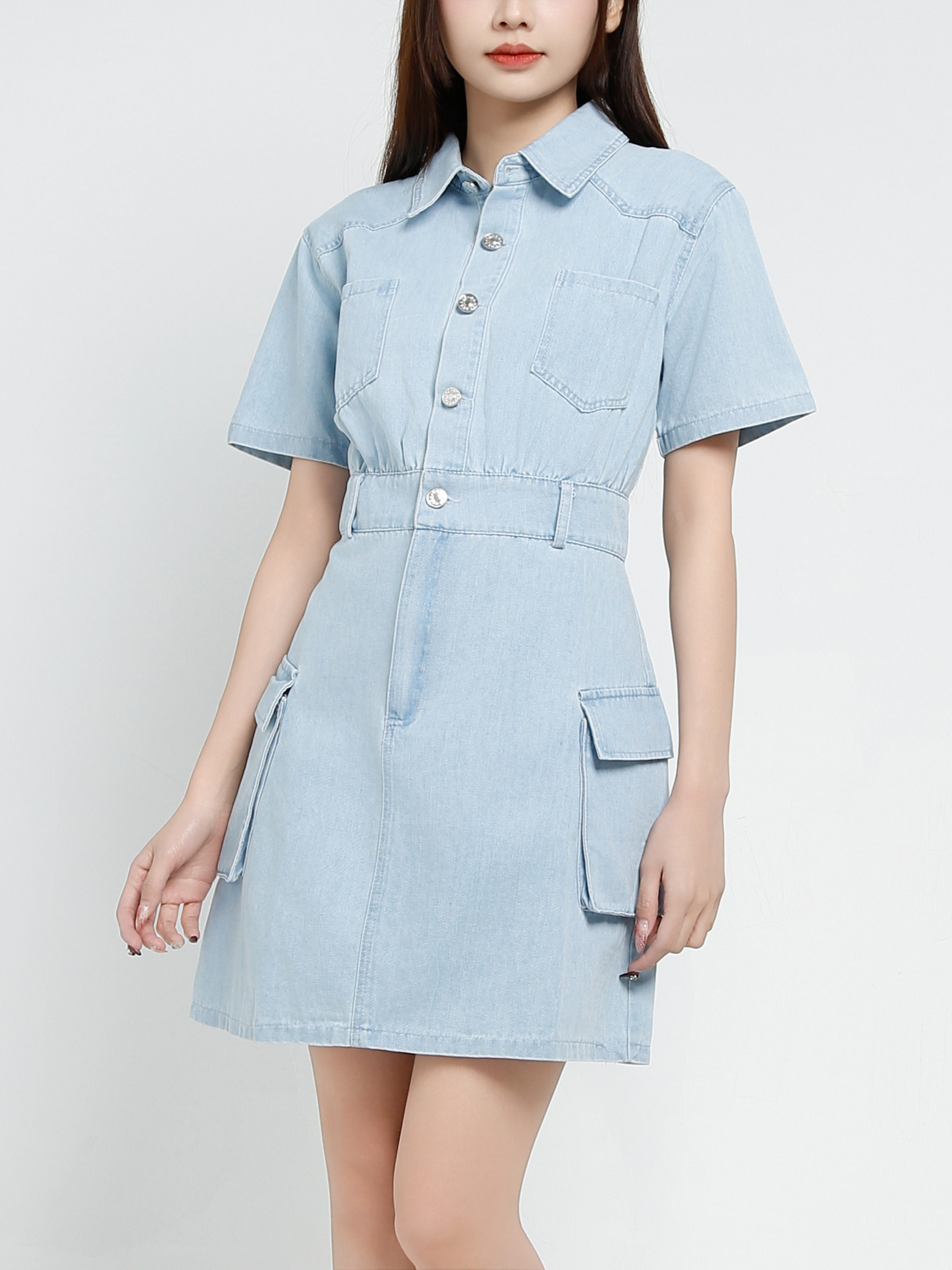 Denim Short Sleeve Front Button Dress 37329