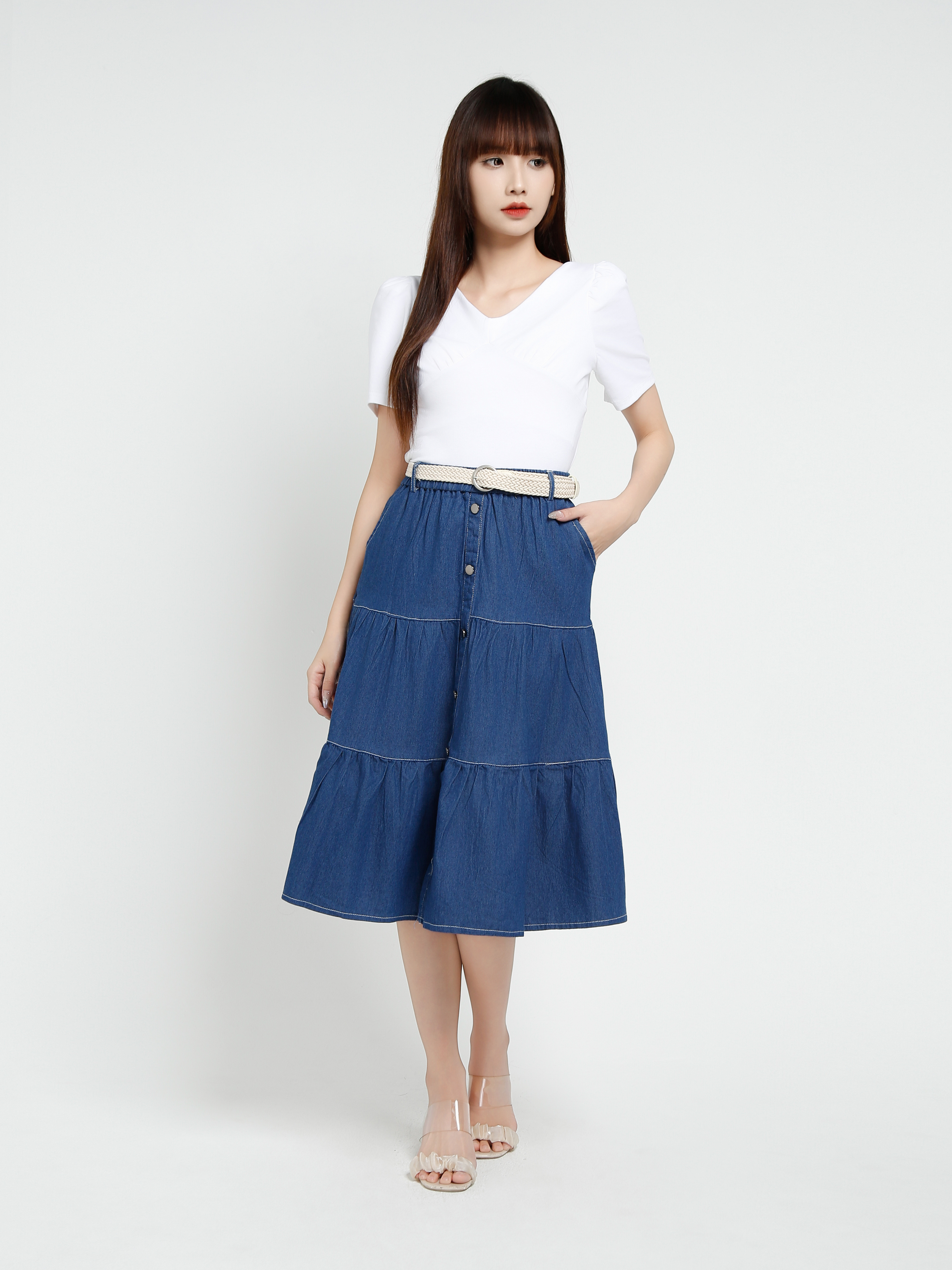 Denim Side Pocket Pleated Long Skirt 37368