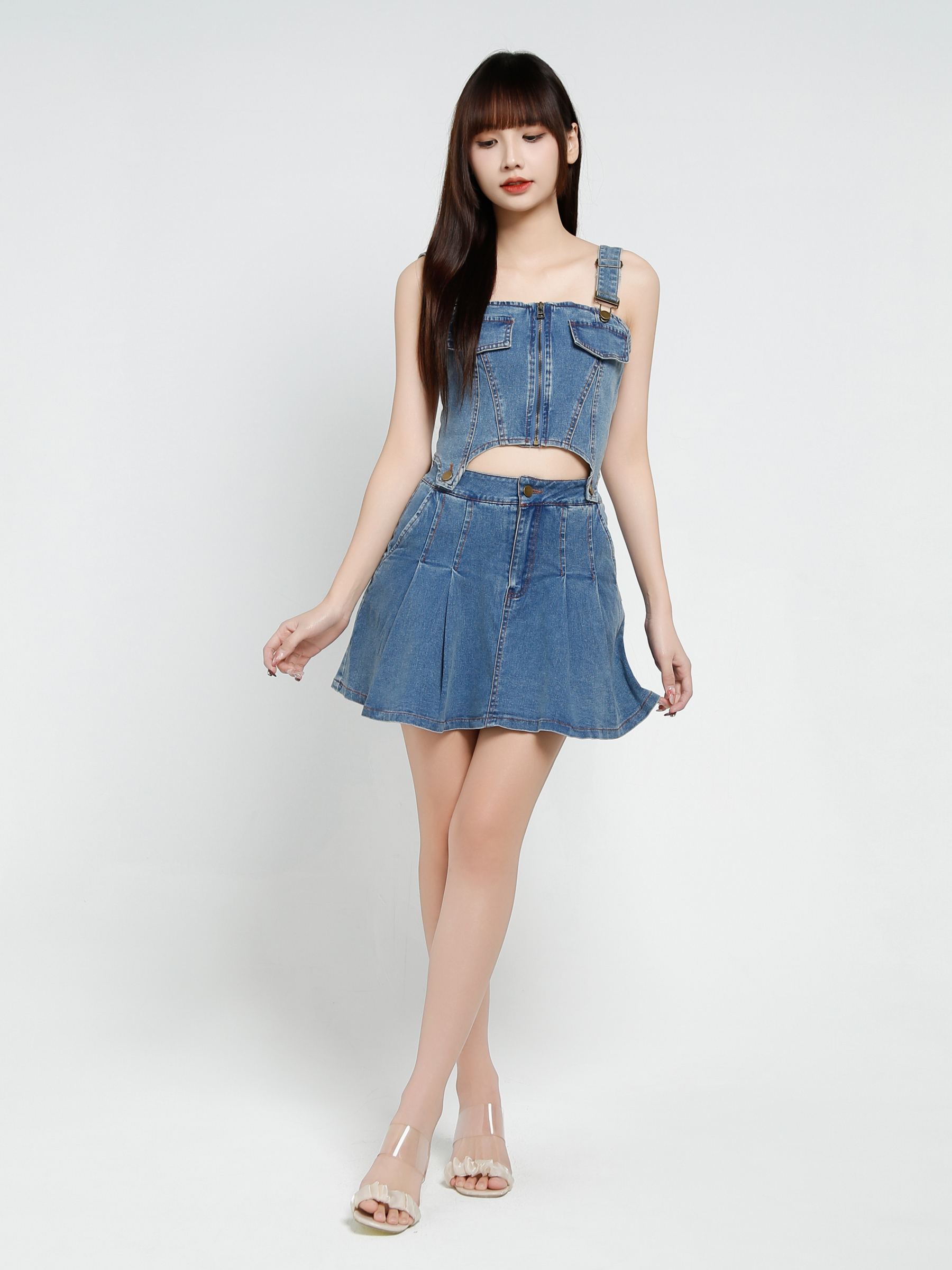 Denim Sleeveless Front Zip Dress 37349