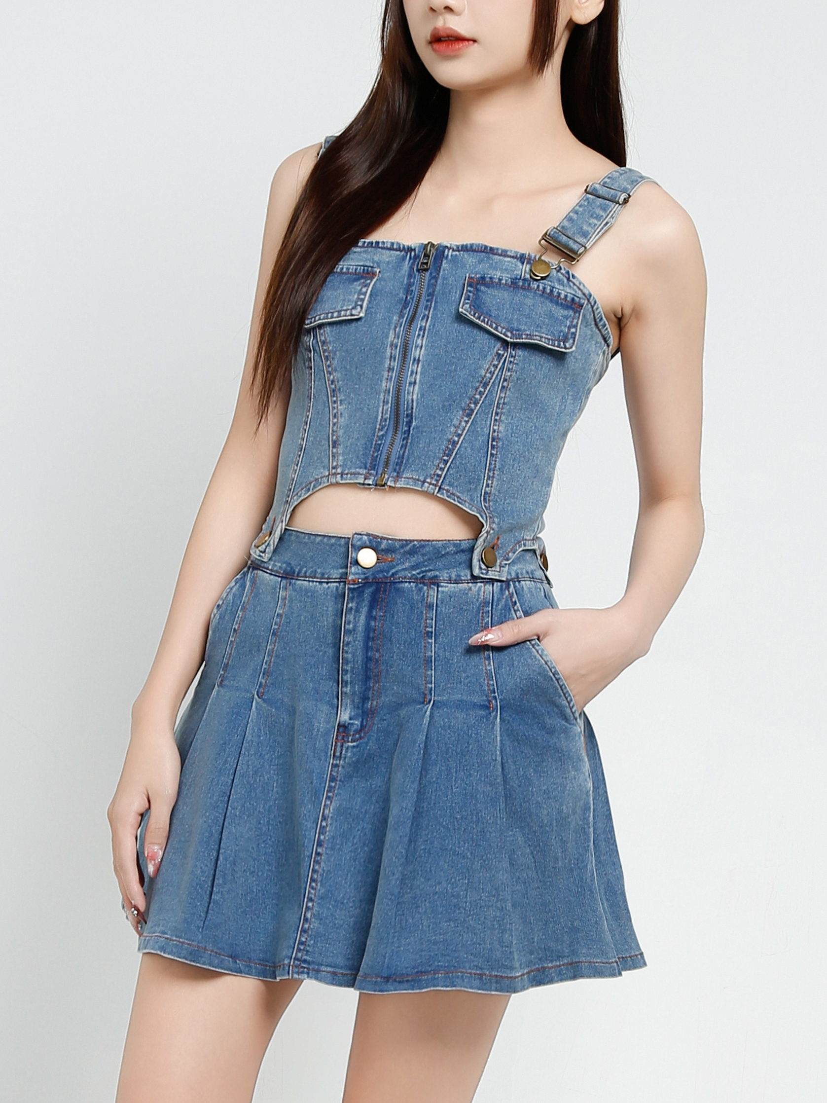 Denim Sleeveless Front Zip Dress 37349