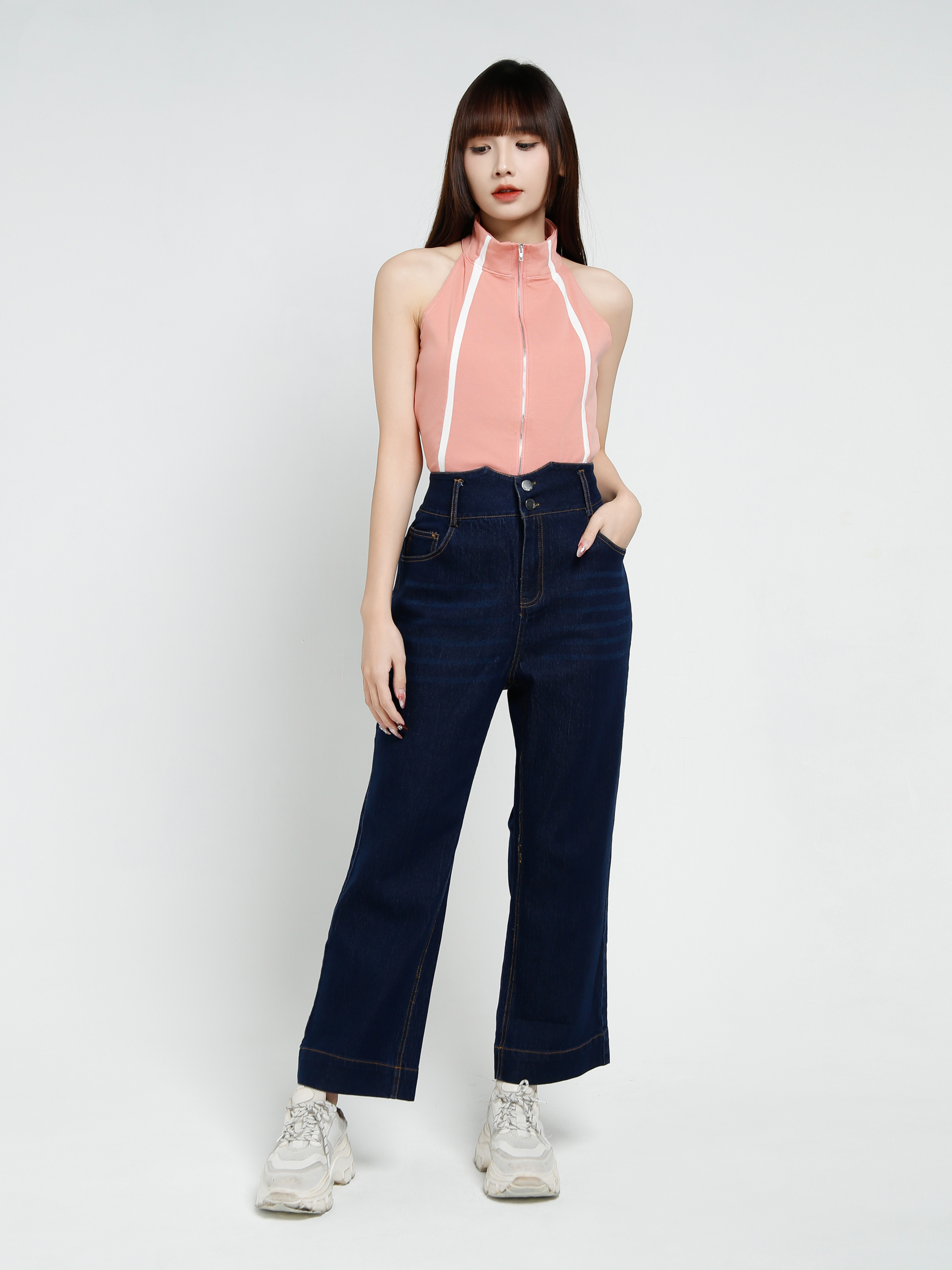 Denim High Waist Side Pocket Long Pant 37379