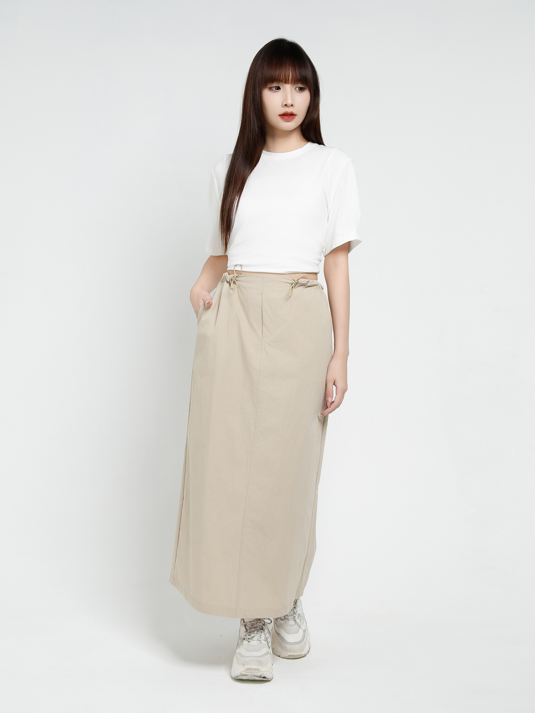 Drawstring Waist Side Pocket Long Skirt 37460