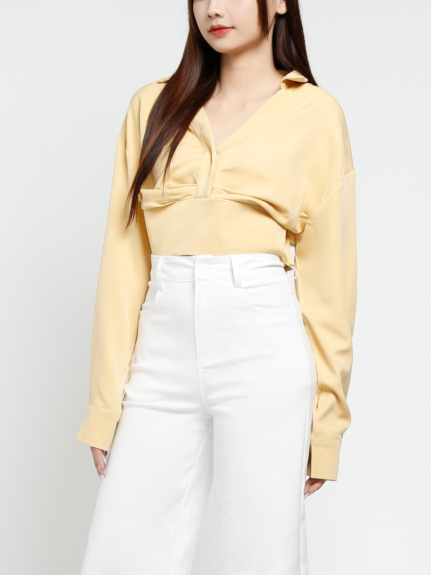 Long Sleeve V Neck Pleated Top 37500