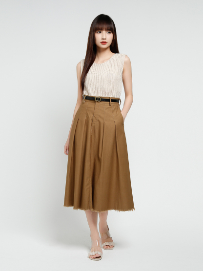 High Waist Pleated Long Skirt With Belt 37662