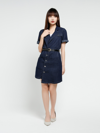 Denim Short Sleeve Front Button Dress With Belt 37546