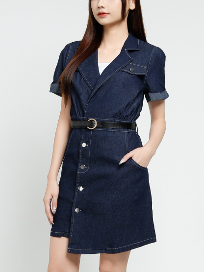 Denim Short Sleeve Front Button Dress With Belt 37546