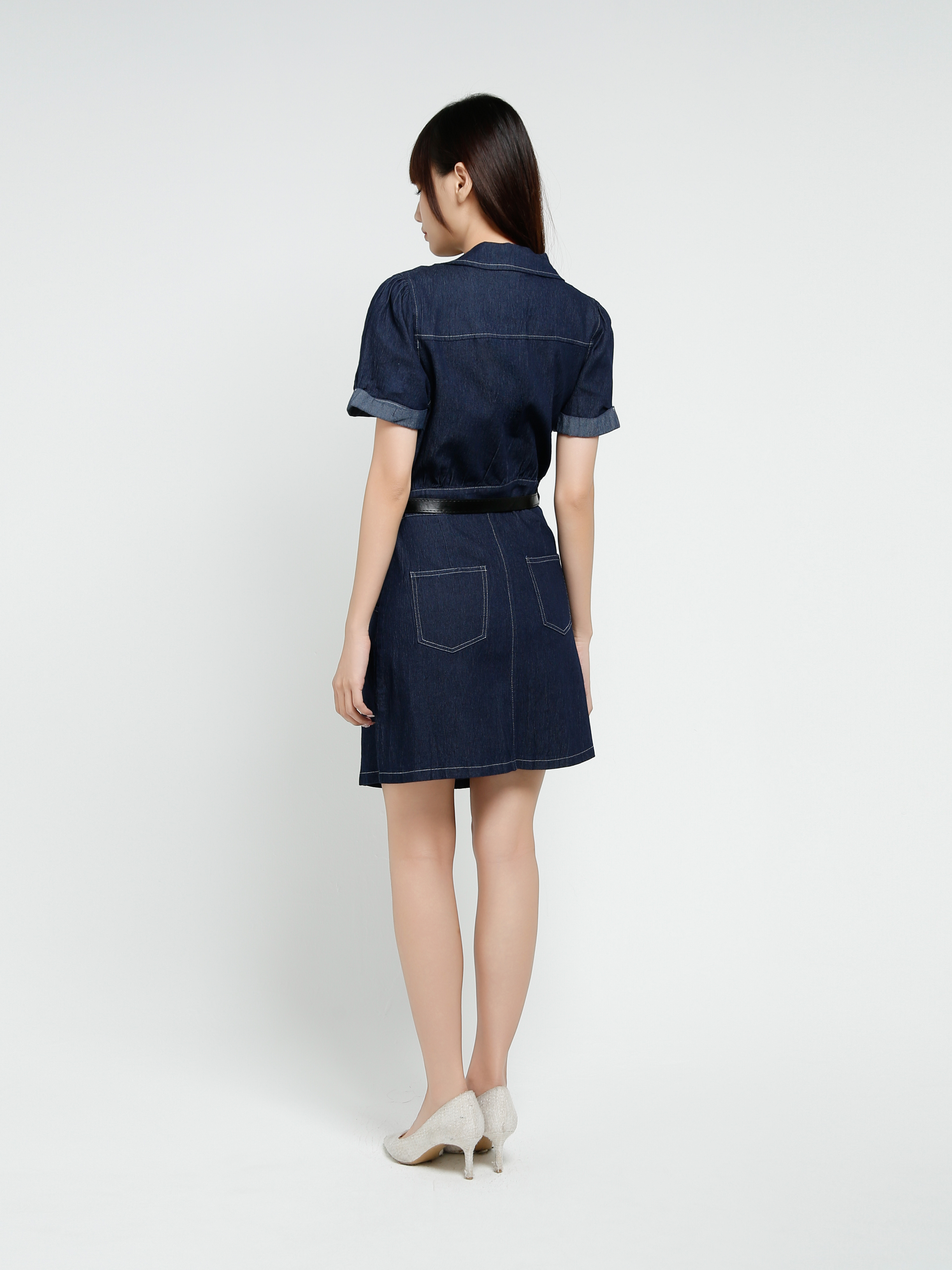 Denim Short Sleeve Front Button Dress With Belt 37546