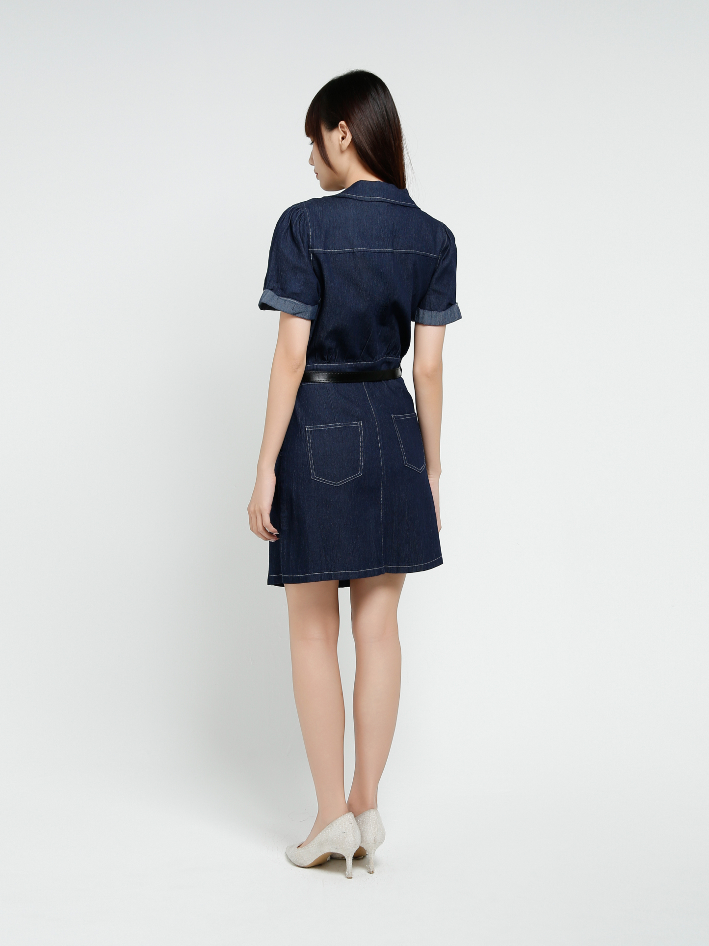 Denim Short Sleeve Front Button Dress With Belt 37546