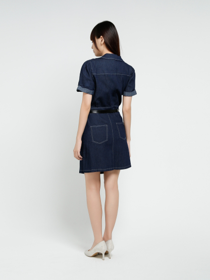 Denim Short Sleeve Front Button Dress With Belt 37546