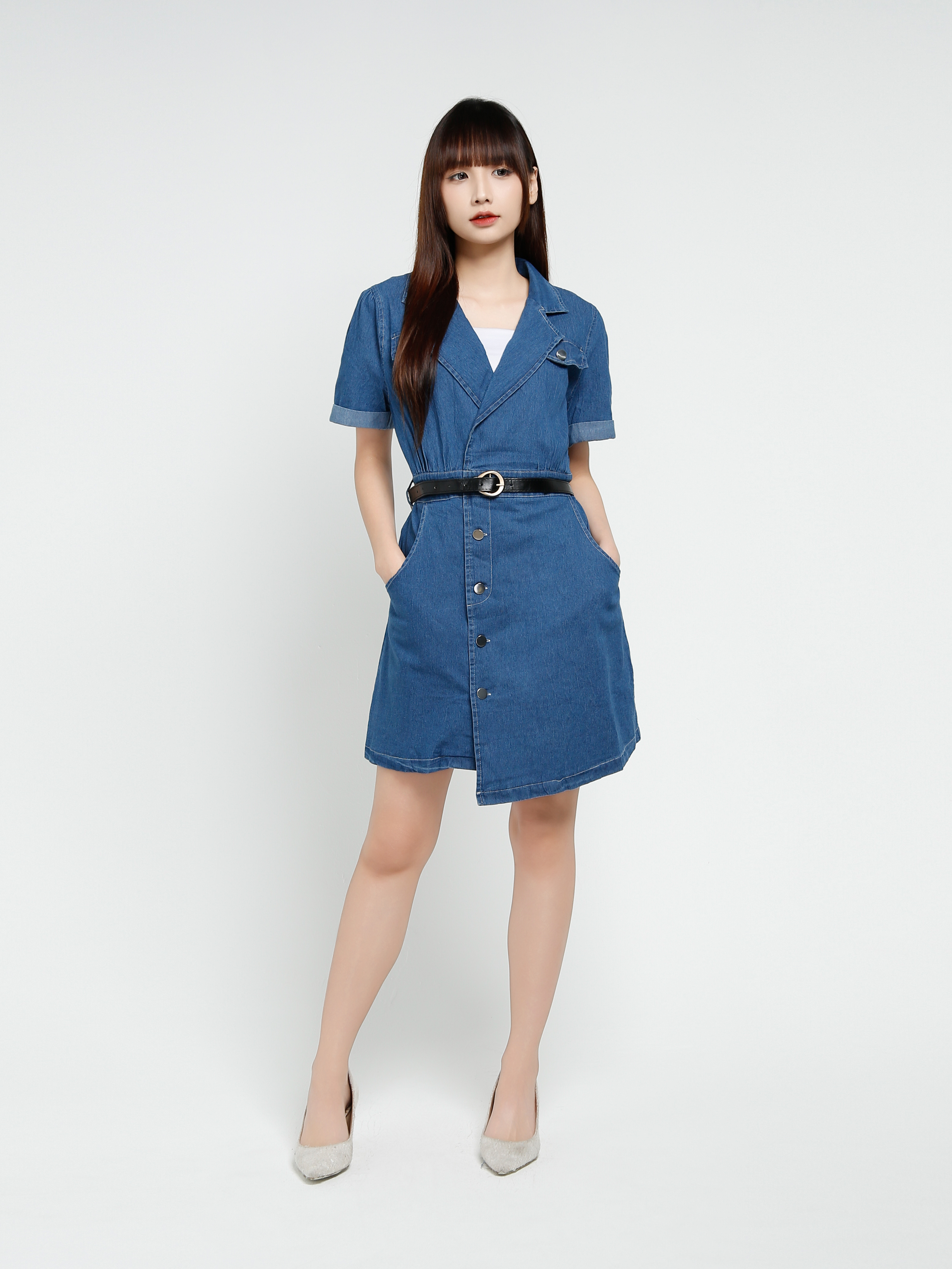 Denim Short Sleeve Front Button Dress With Belt 37546