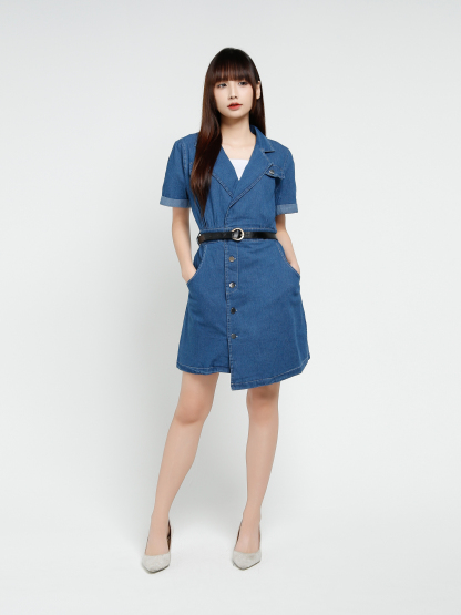 Denim Short Sleeve Front Button Dress With Belt 37546