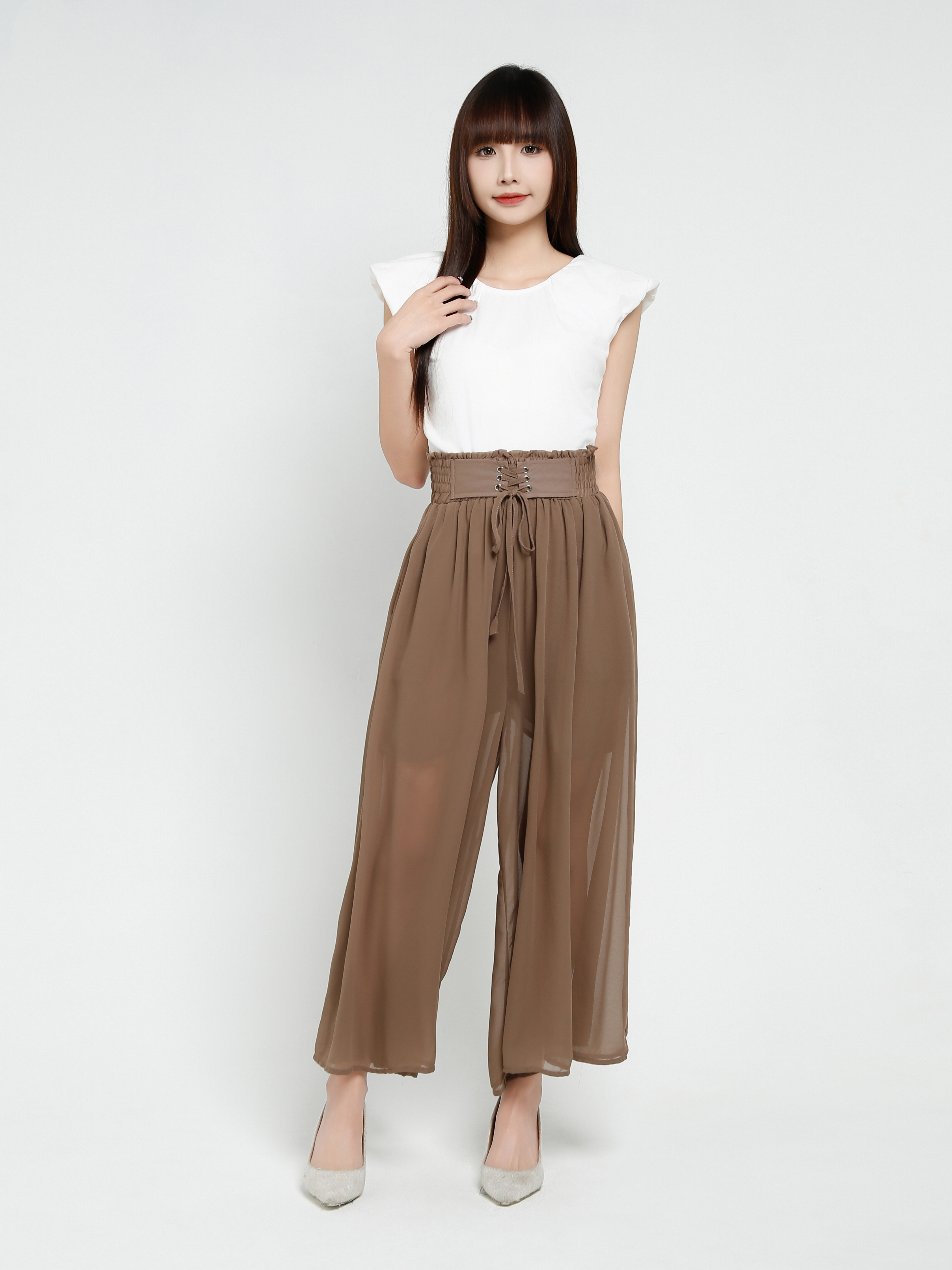High Elastic Waist Pleated Long Pant 37548