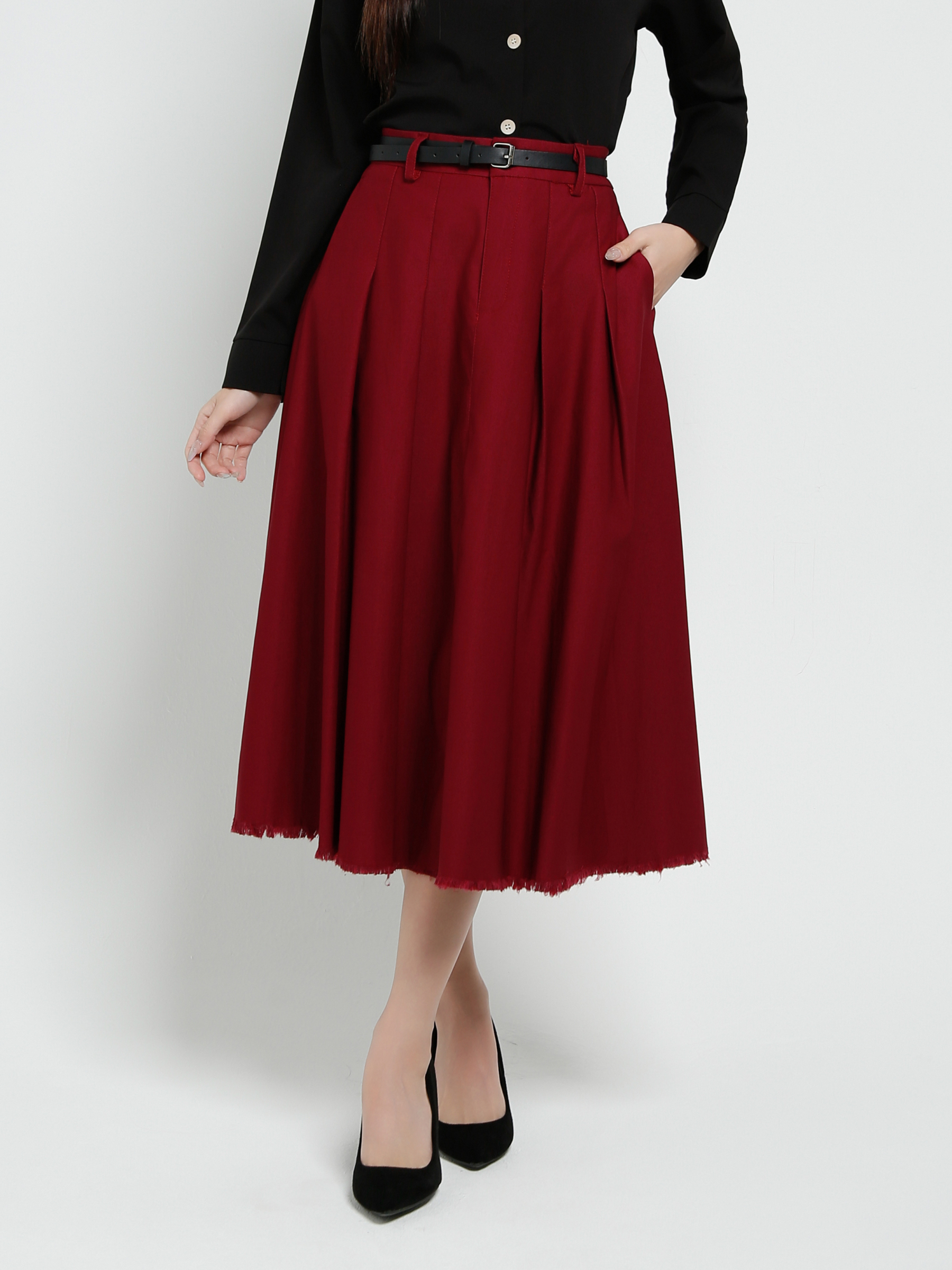 High Waist Pleated Long Skirt With Belt 37662