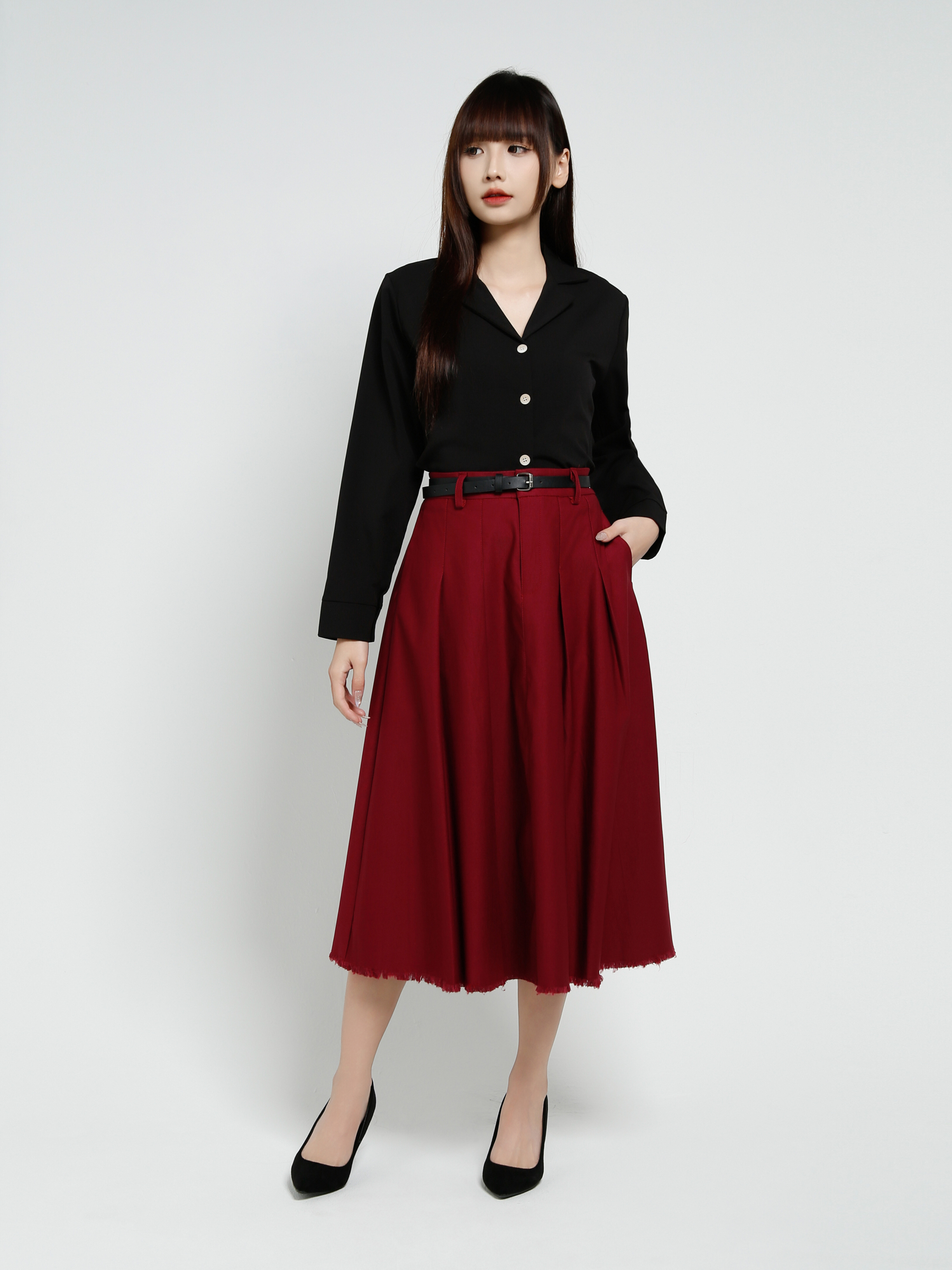 High Waist Pleated Long Skirt With Belt 37662