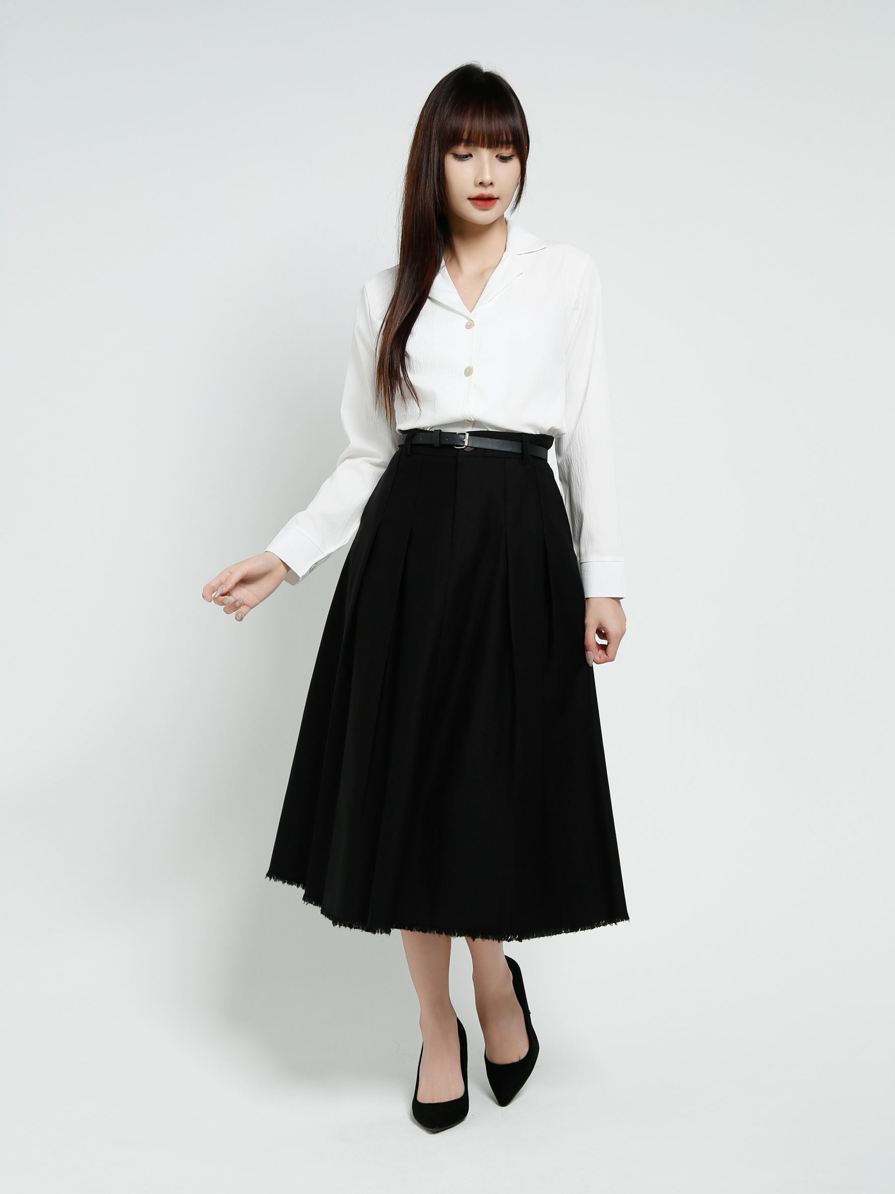 High Waist Pleated Long Skirt With Belt 37662