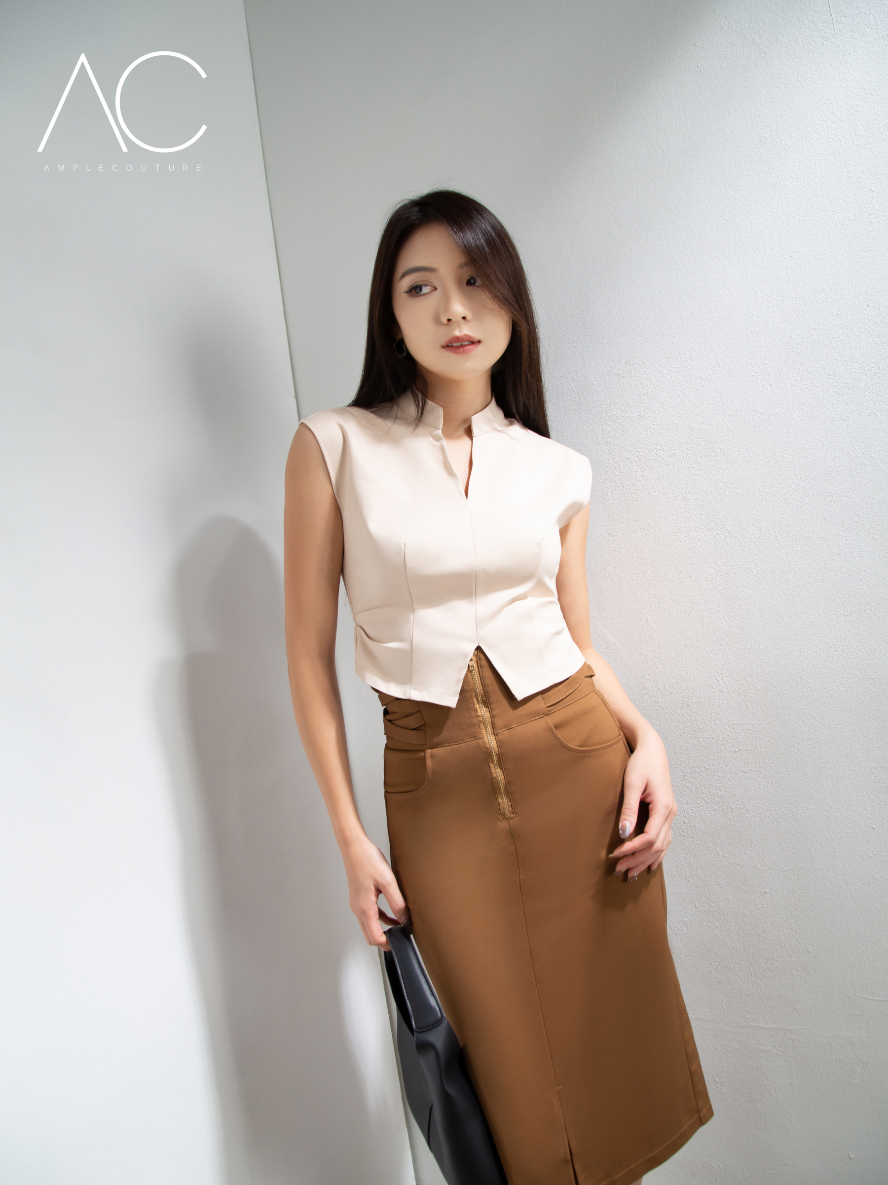 Front Zip Front Pocket Midi Skirt DJ036