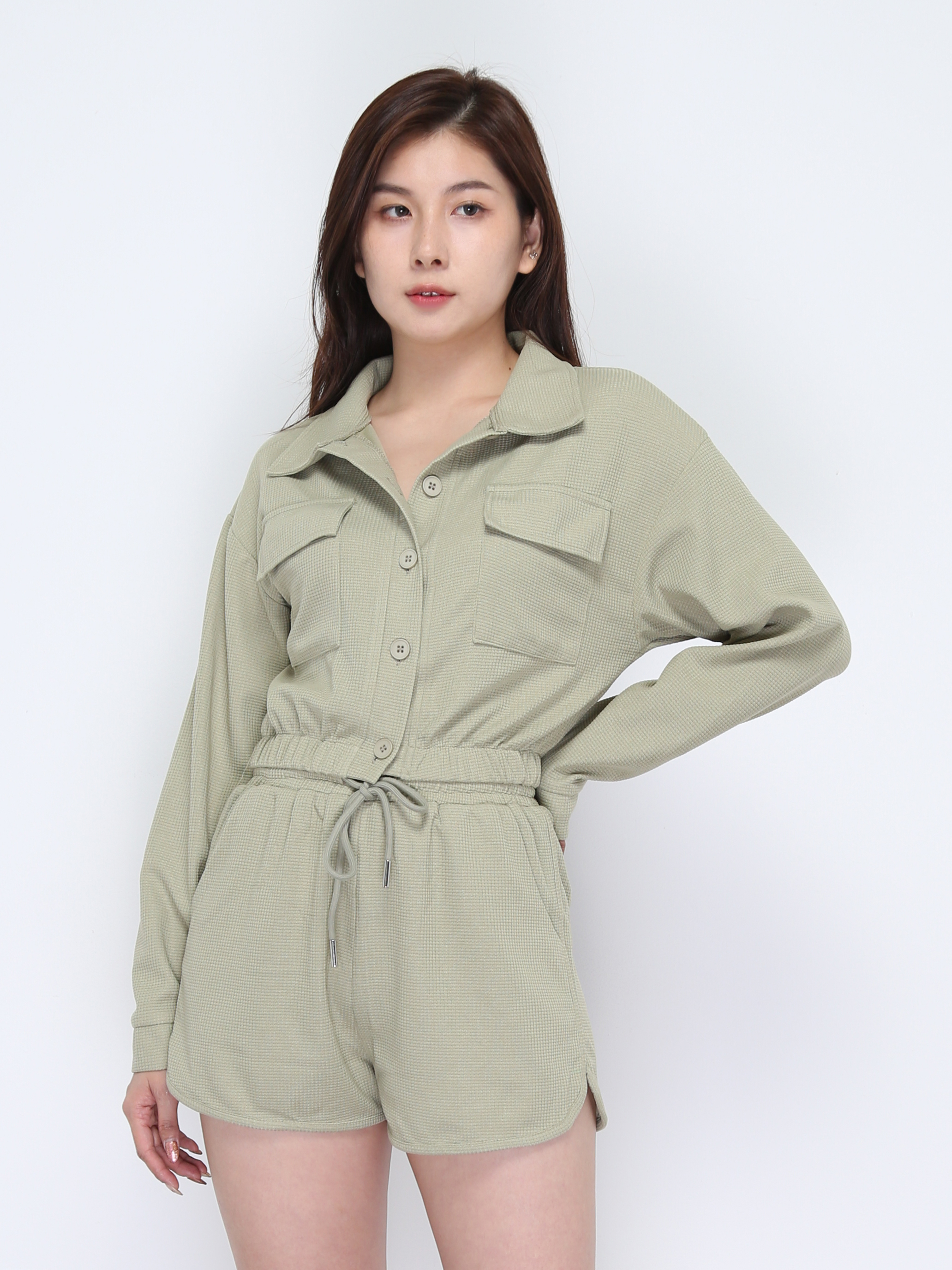 Long Sleeve Front Button Top With Short Pant Set 37835