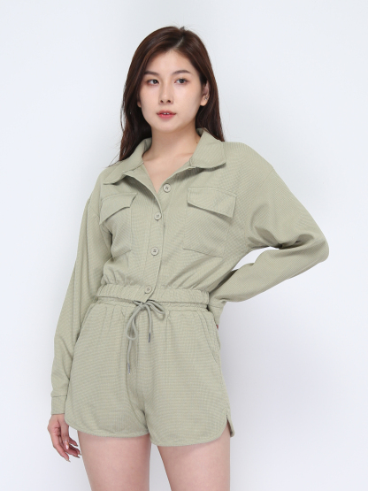 Long Sleeve Front Button Top With Short Pant Set 37835