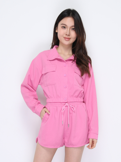 Long Sleeve Front Button Top With Short Pant Set 37835
