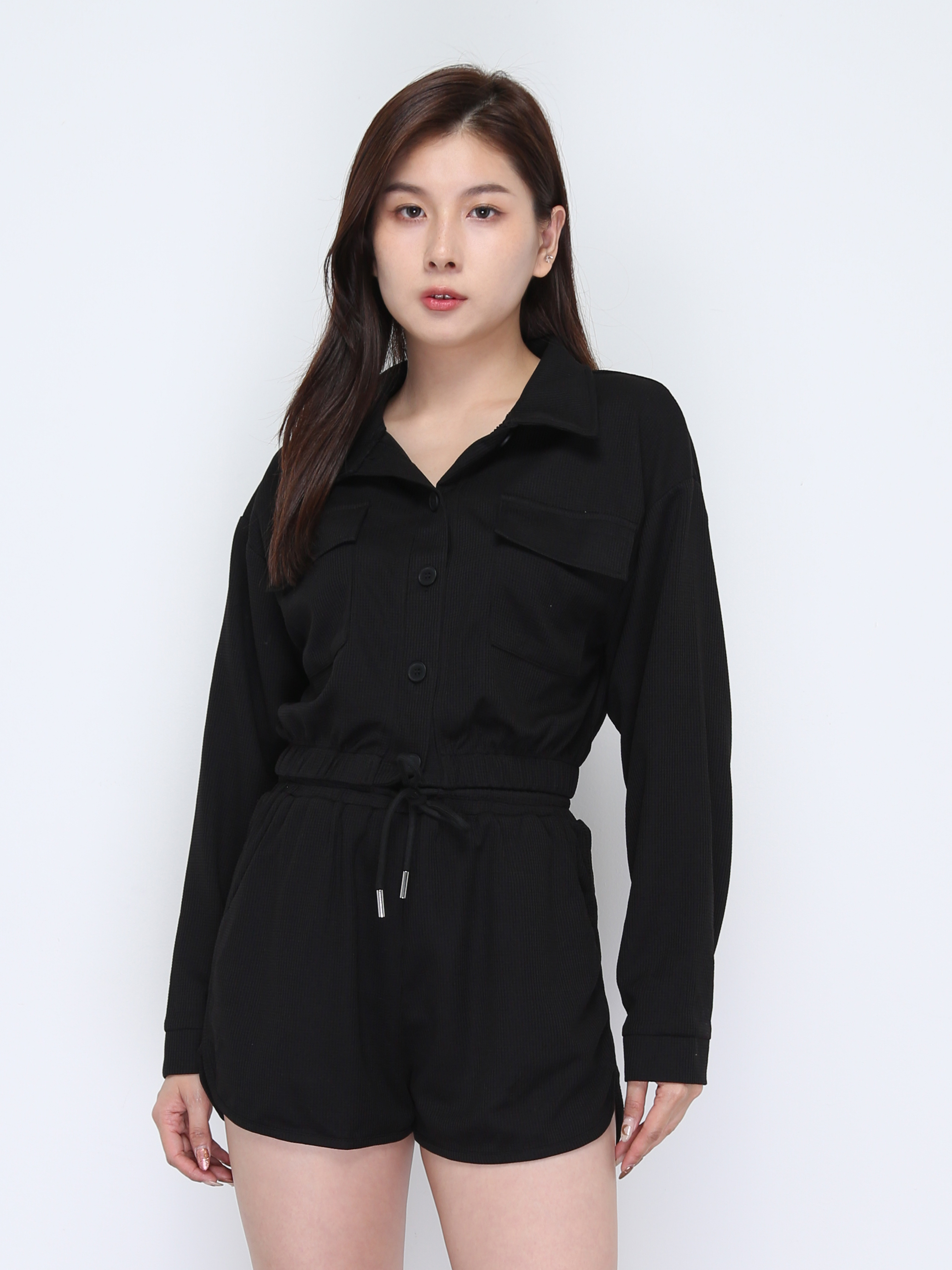 Long Sleeve Front Button Top With Short Pant Set 37835