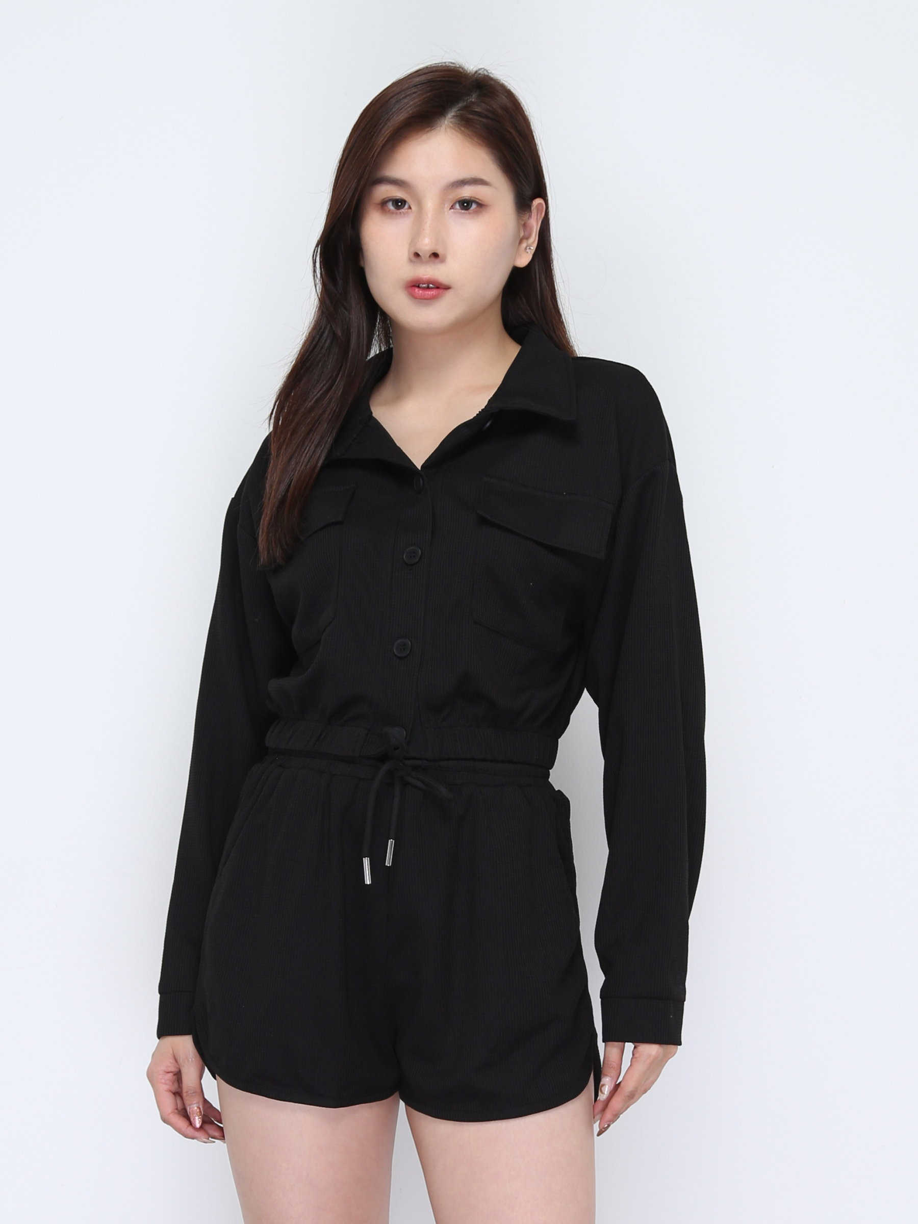 Long Sleeve Front Button Top With Short Pant Set 37835
