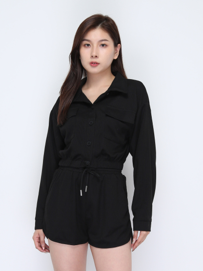 Long Sleeve Front Button Top With Short Pant Set 37835
