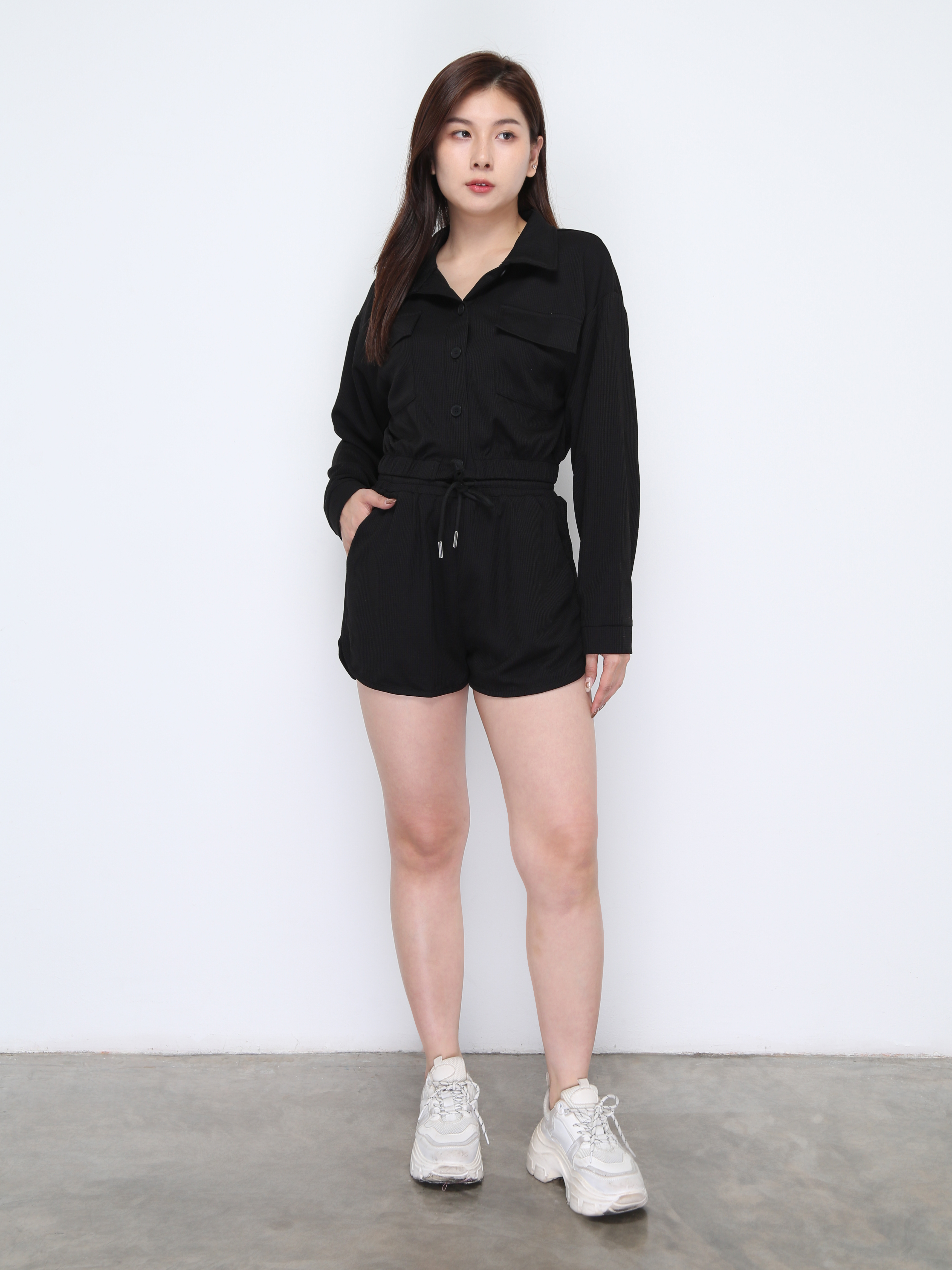 Long Sleeve Front Button Top With Short Pant Set 37835