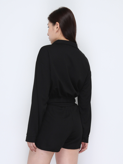 Long Sleeve Front Button Top With Short Pant Set 37835