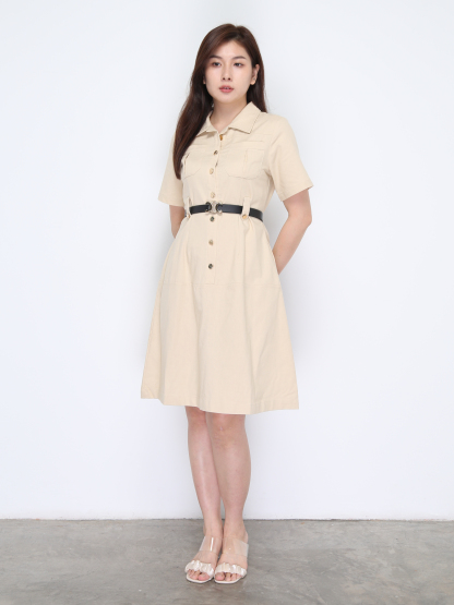 Short Sleeve Front Button Dress With Belt 37859