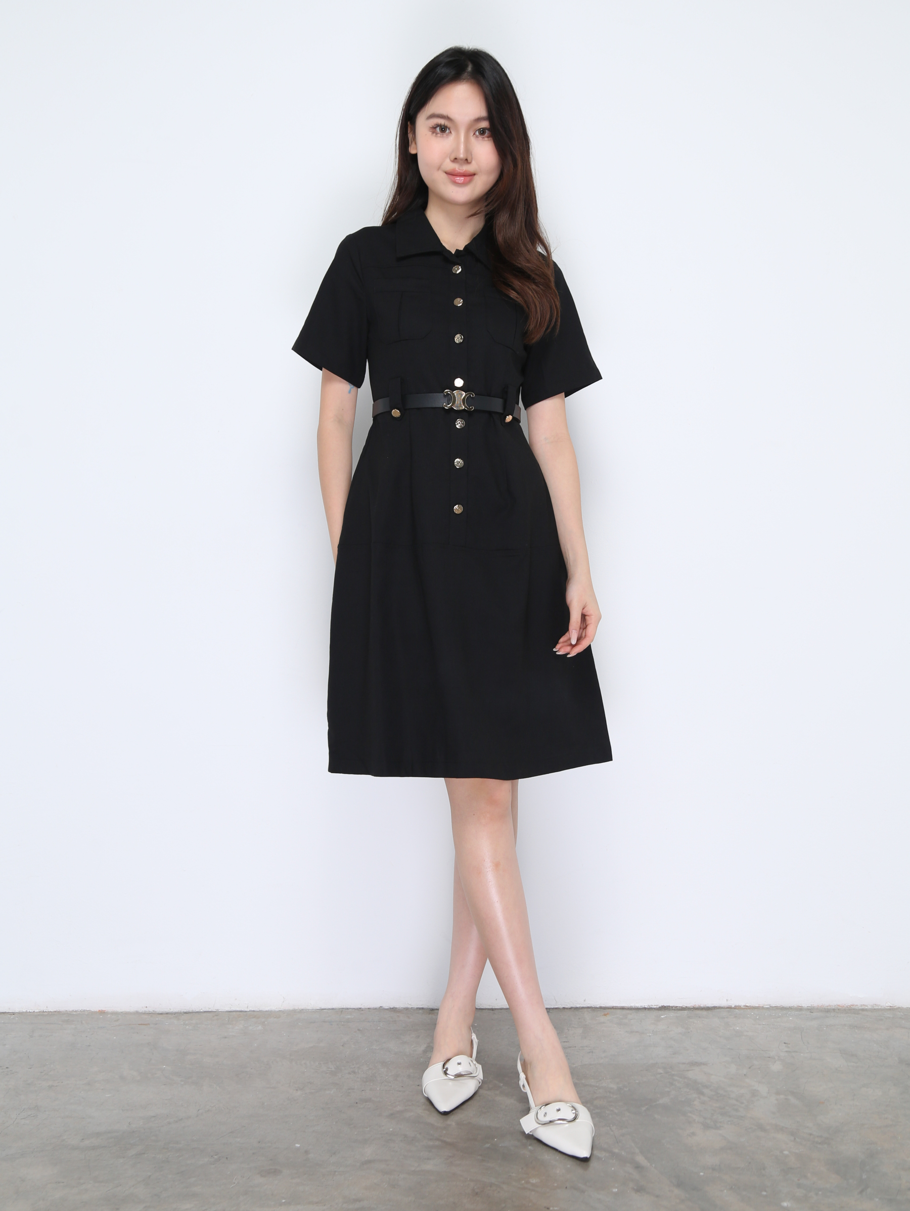 Short Sleeve Front Button Dress With Belt 37859
