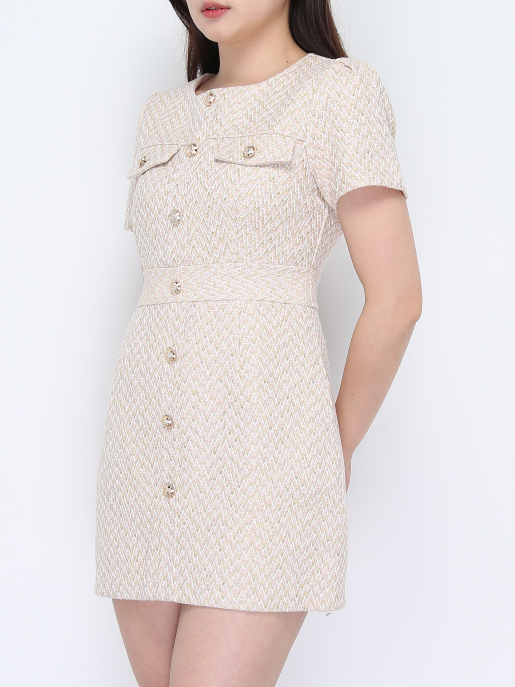 Short Sleeve Back Zip Front Decorative Button Dress 37867