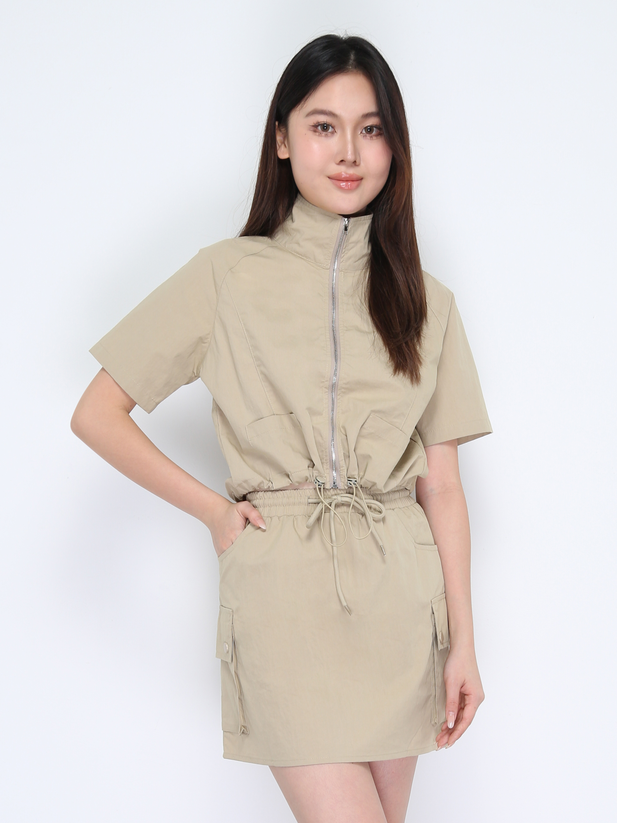 Short Sleeve Front Zip Top With Skirt Set 37870
