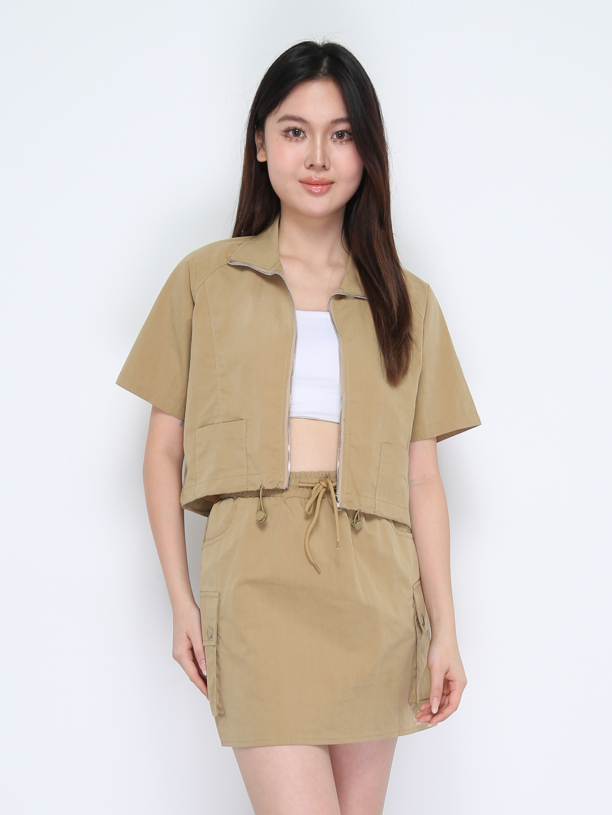 Short Sleeve Front Zip Top With Skirt Set 37870