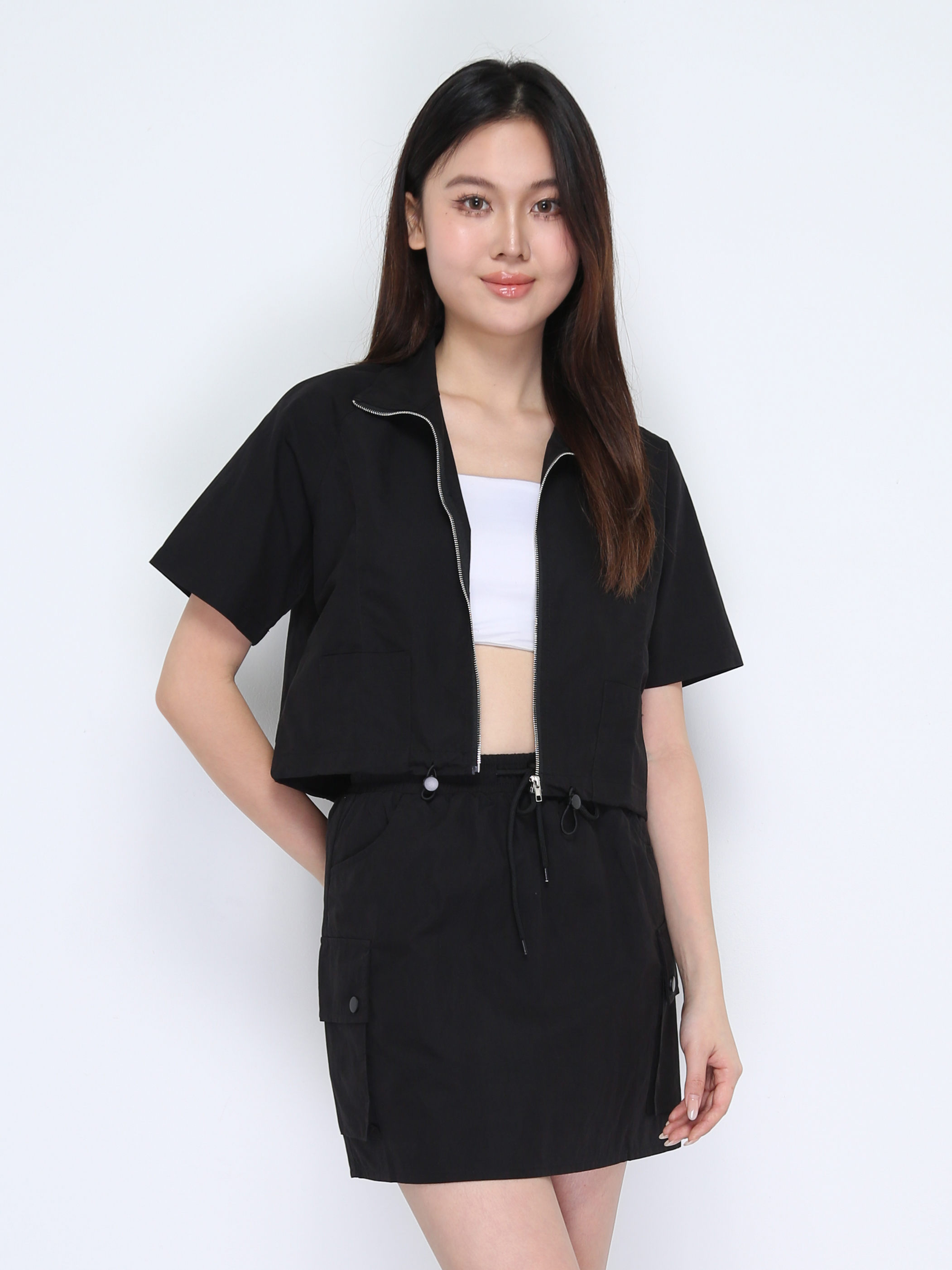 Short Sleeve Front Zip Top With Skirt Set 37870