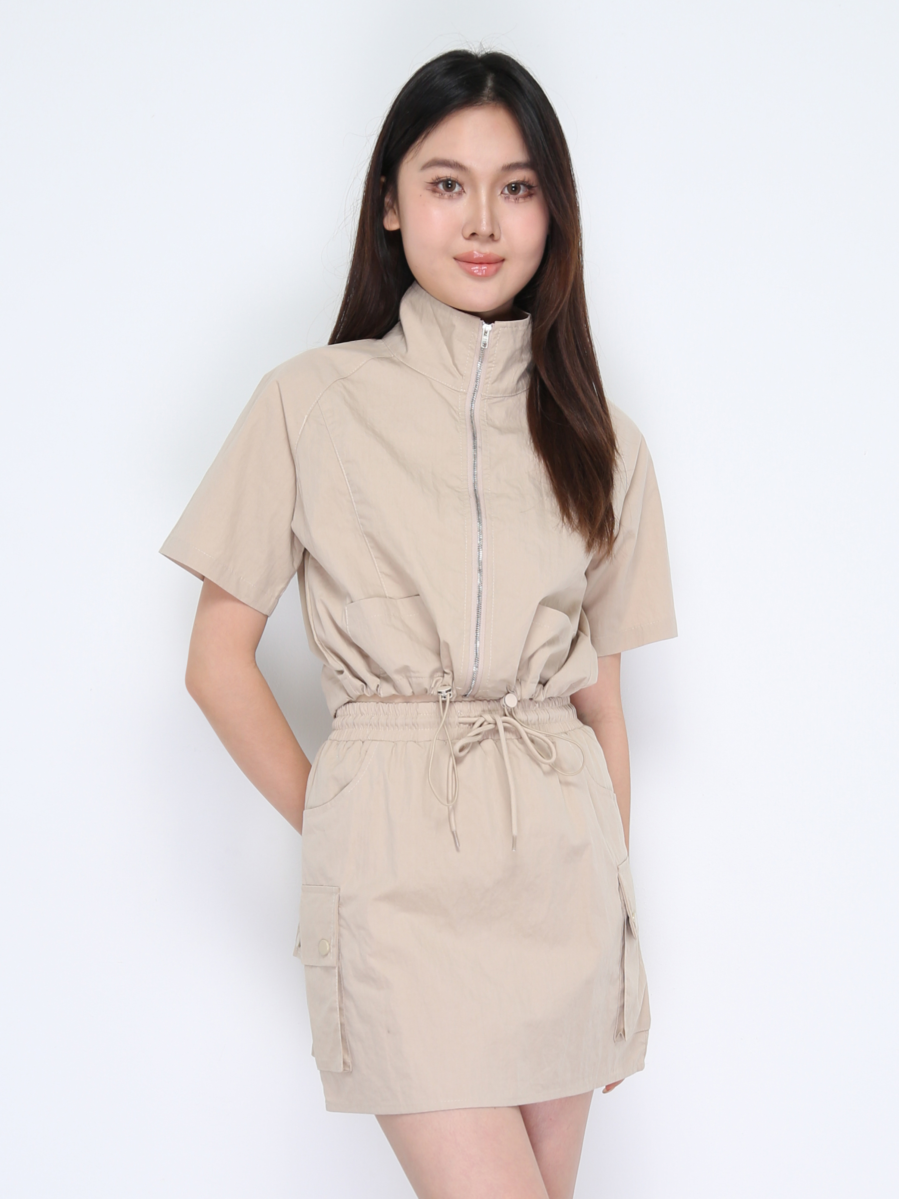 Short Sleeve Front Zip Top With Skirt Set 37870