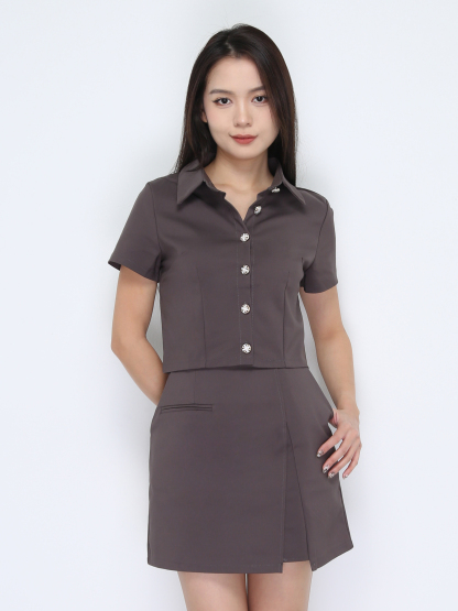 Short Sleeve Front Button Top With Skirt Set 38021
