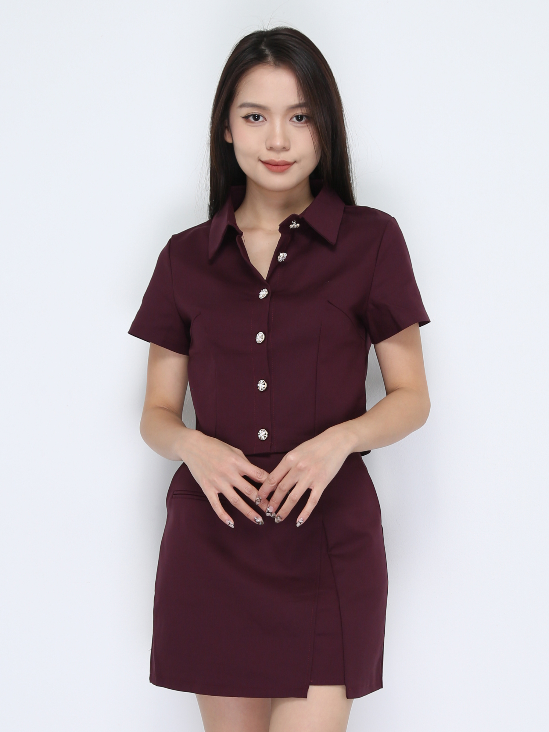 Short Sleeve Front Button Top With Skirt Set 38021