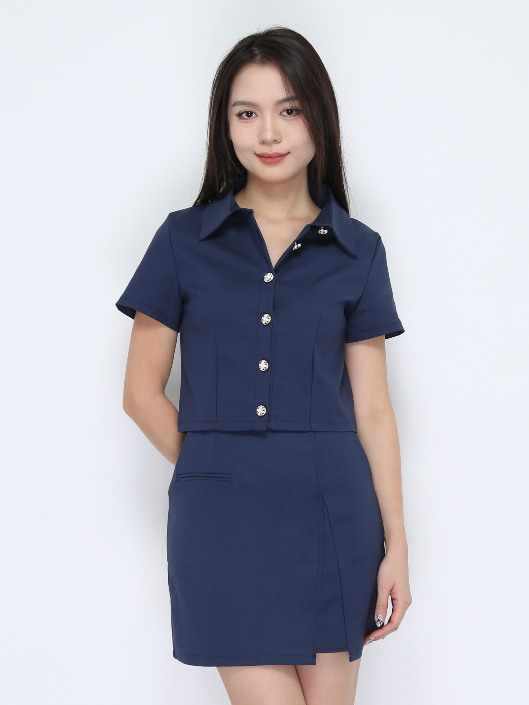 Short Sleeve Front Button Top With Skirt Set 38021