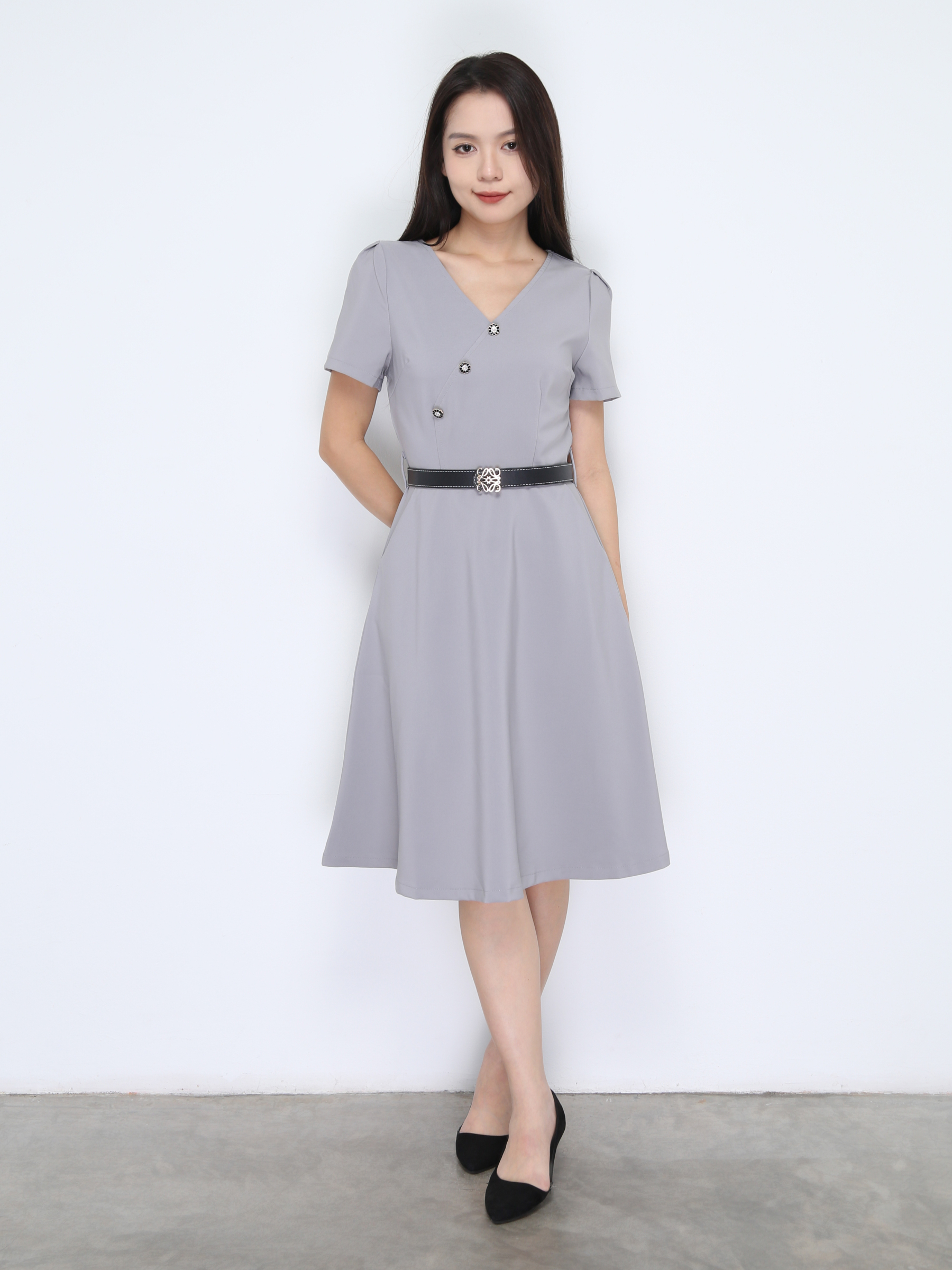 Short Sleeve V Neck Dress With Belt 38023