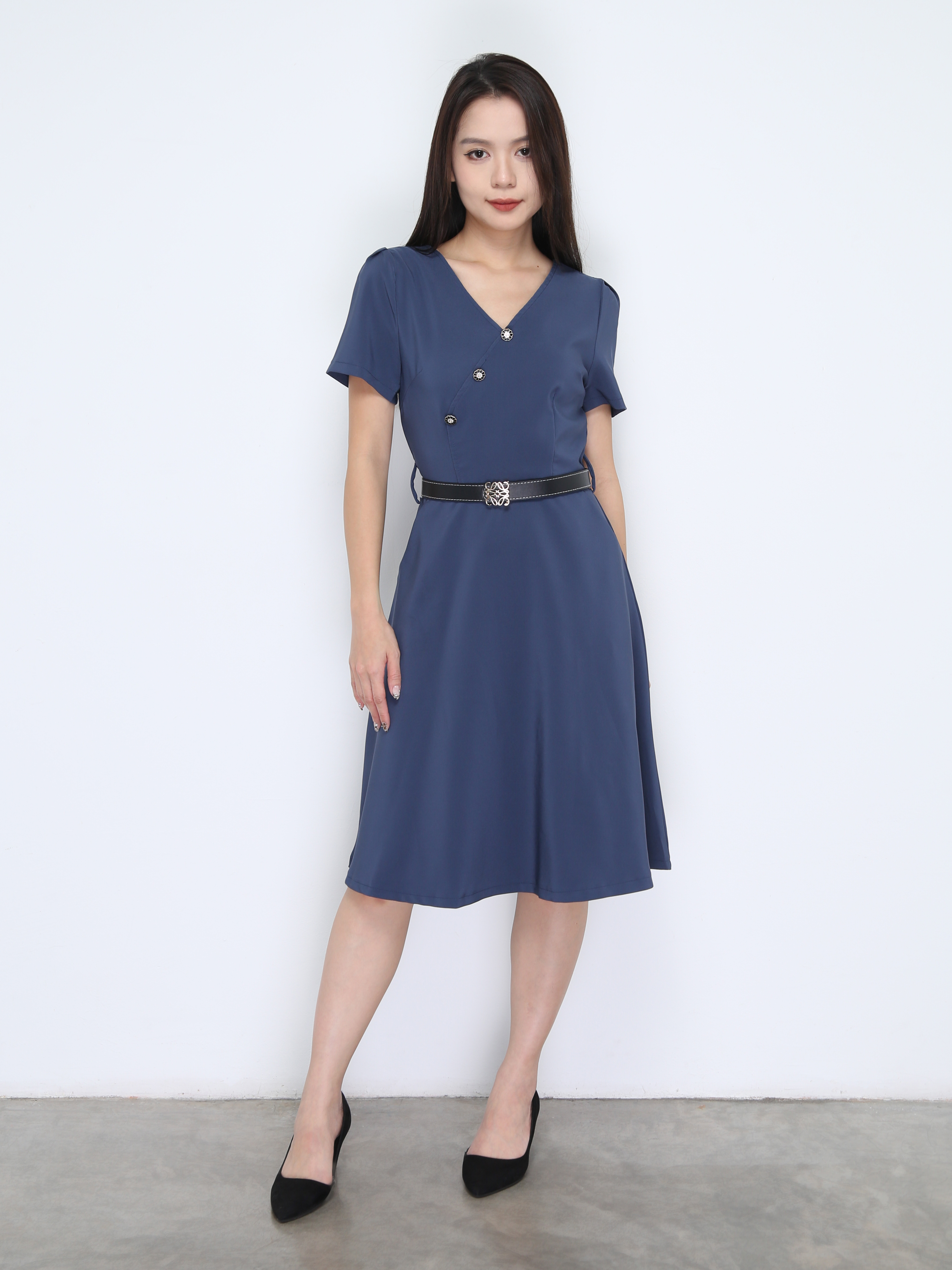 Short Sleeve V Neck Dress With Belt 38023