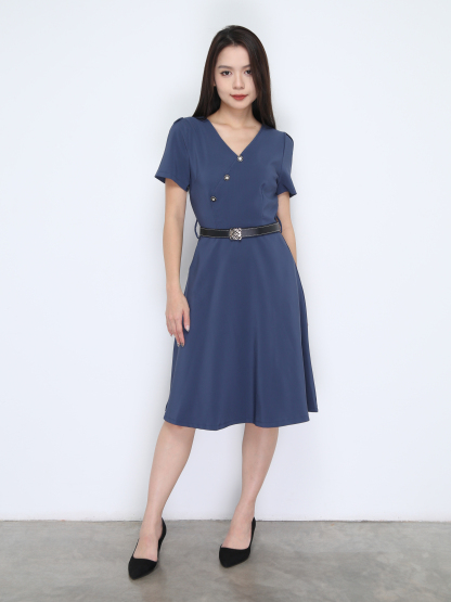 Short Sleeve V Neck Dress With Belt 38023