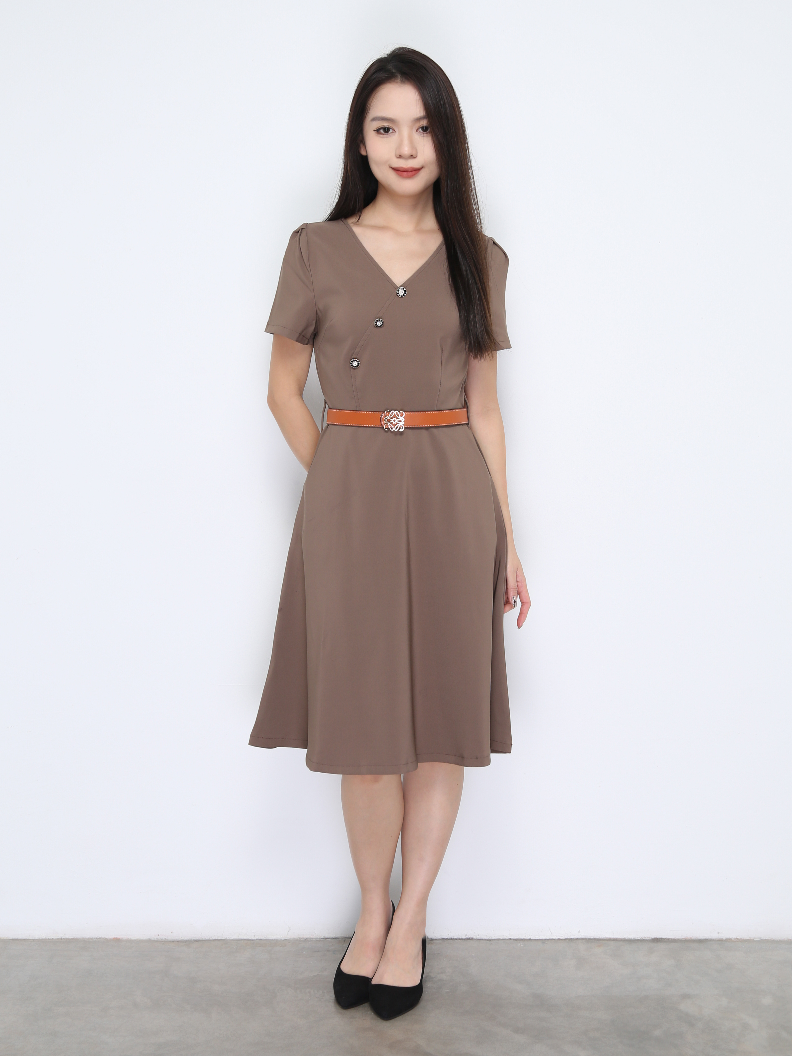 Short Sleeve V Neck Dress With Belt 38023