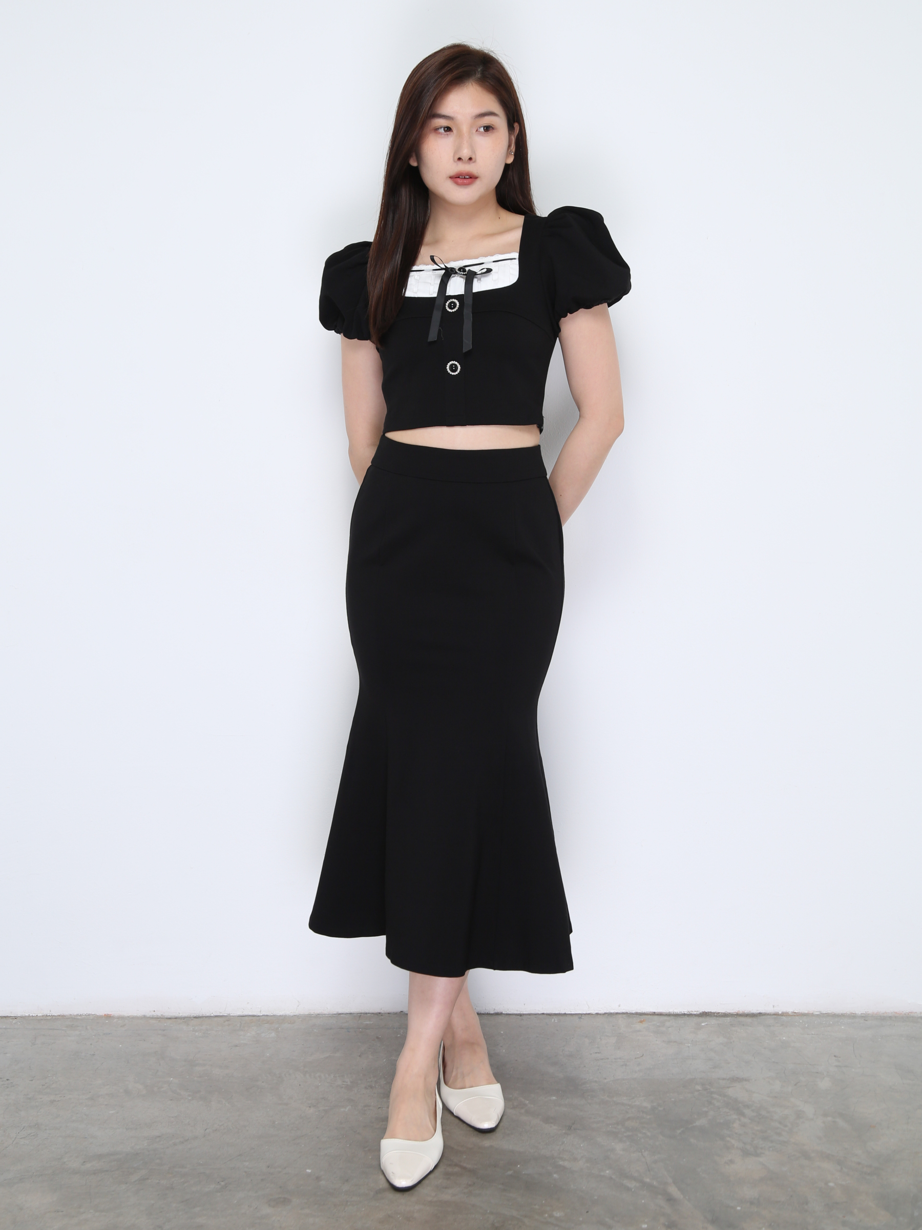 Puff Sleeve Top With Long Skirt Set 38034