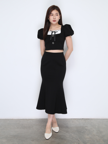 Puff Sleeve Top With Long Skirt Set 38034